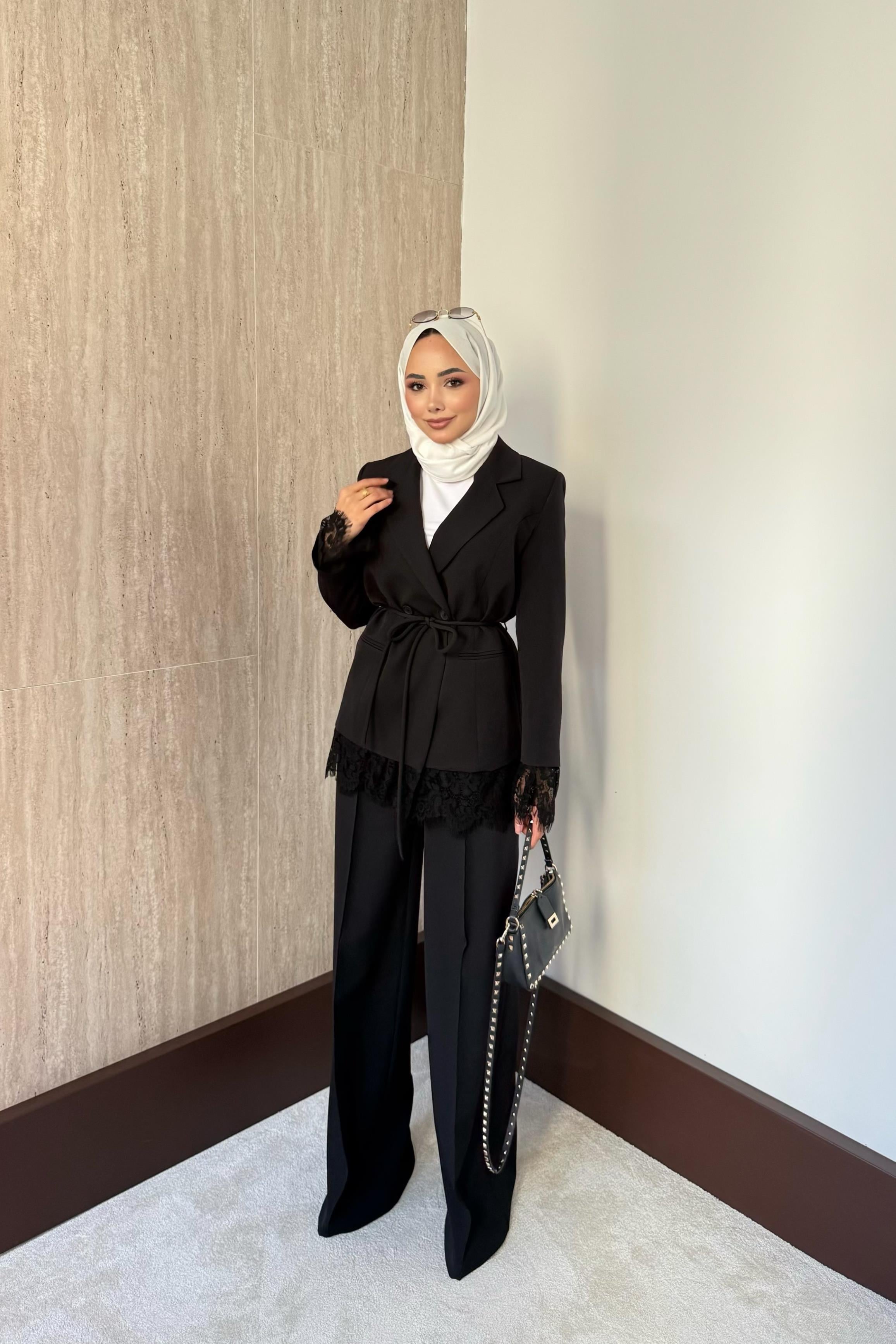 Dantelli Blazer Ceketli Pantolonlu Takım - Siyah