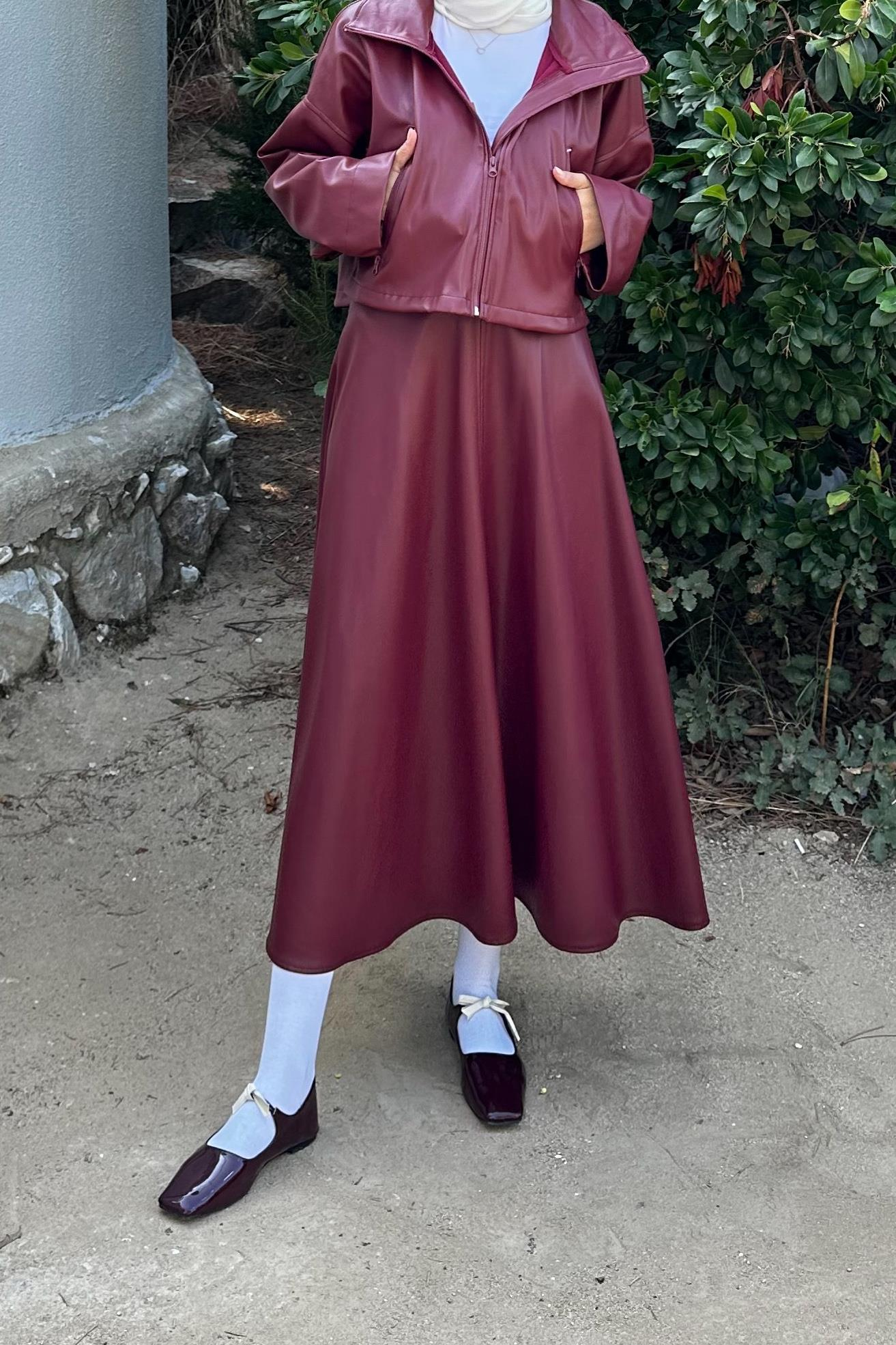 DERİ ETEK - BORDO 