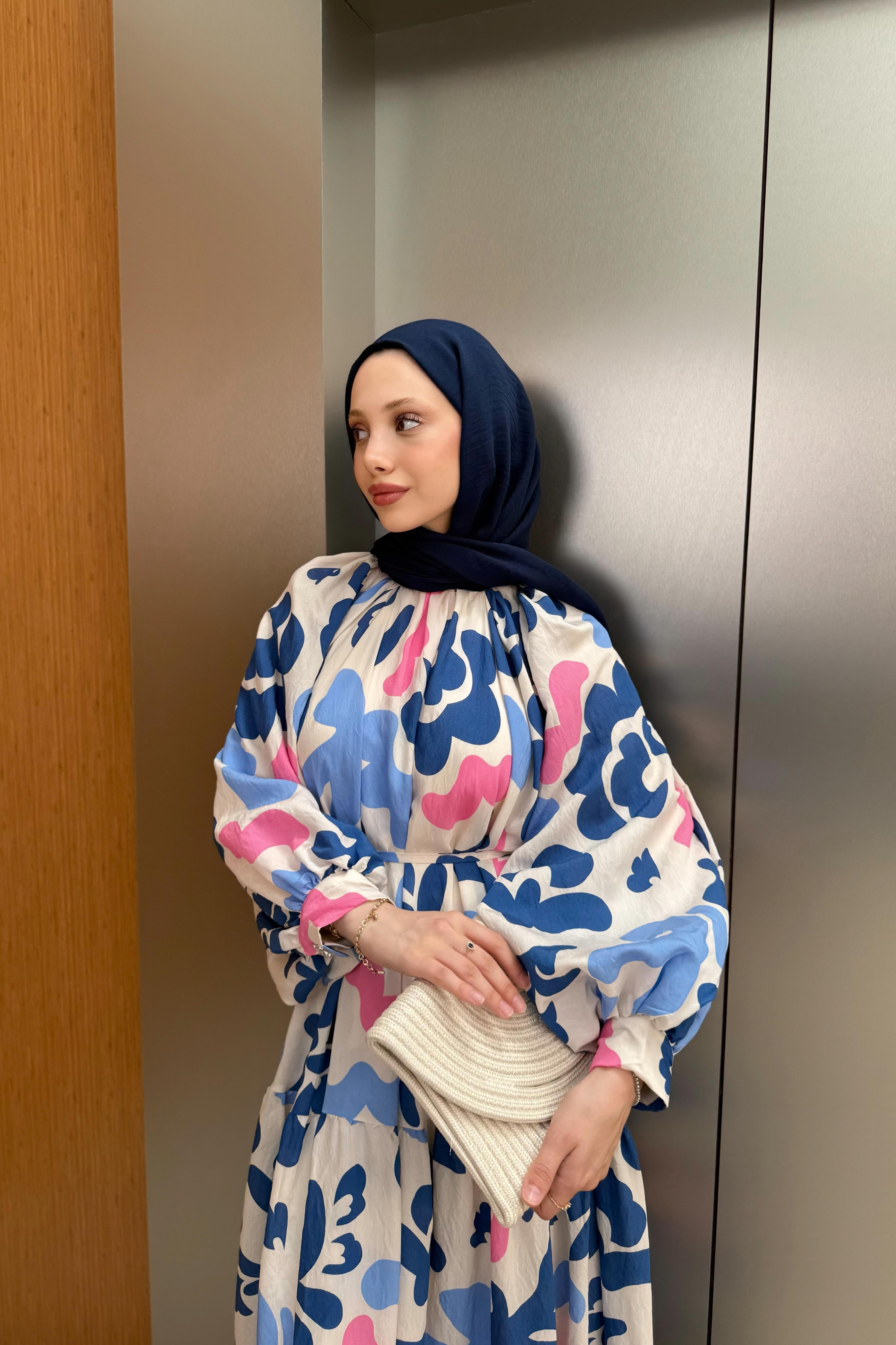 Desenli Balon Kol Elbise - Ekru