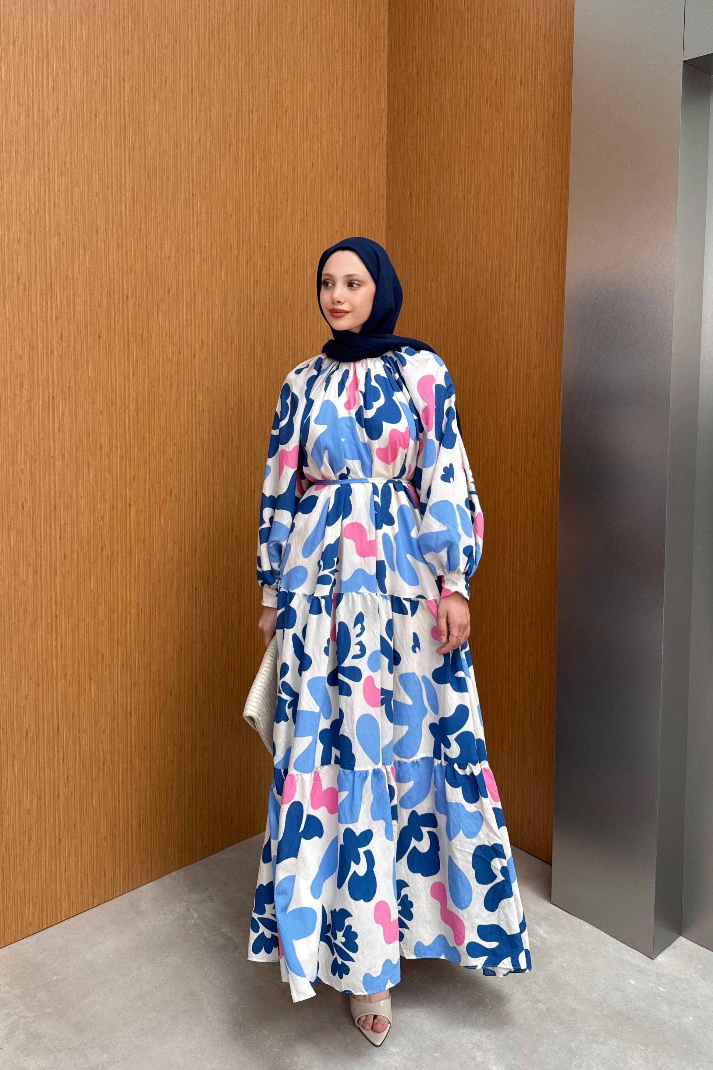 Desenli Balon Kol Elbise - Ekru