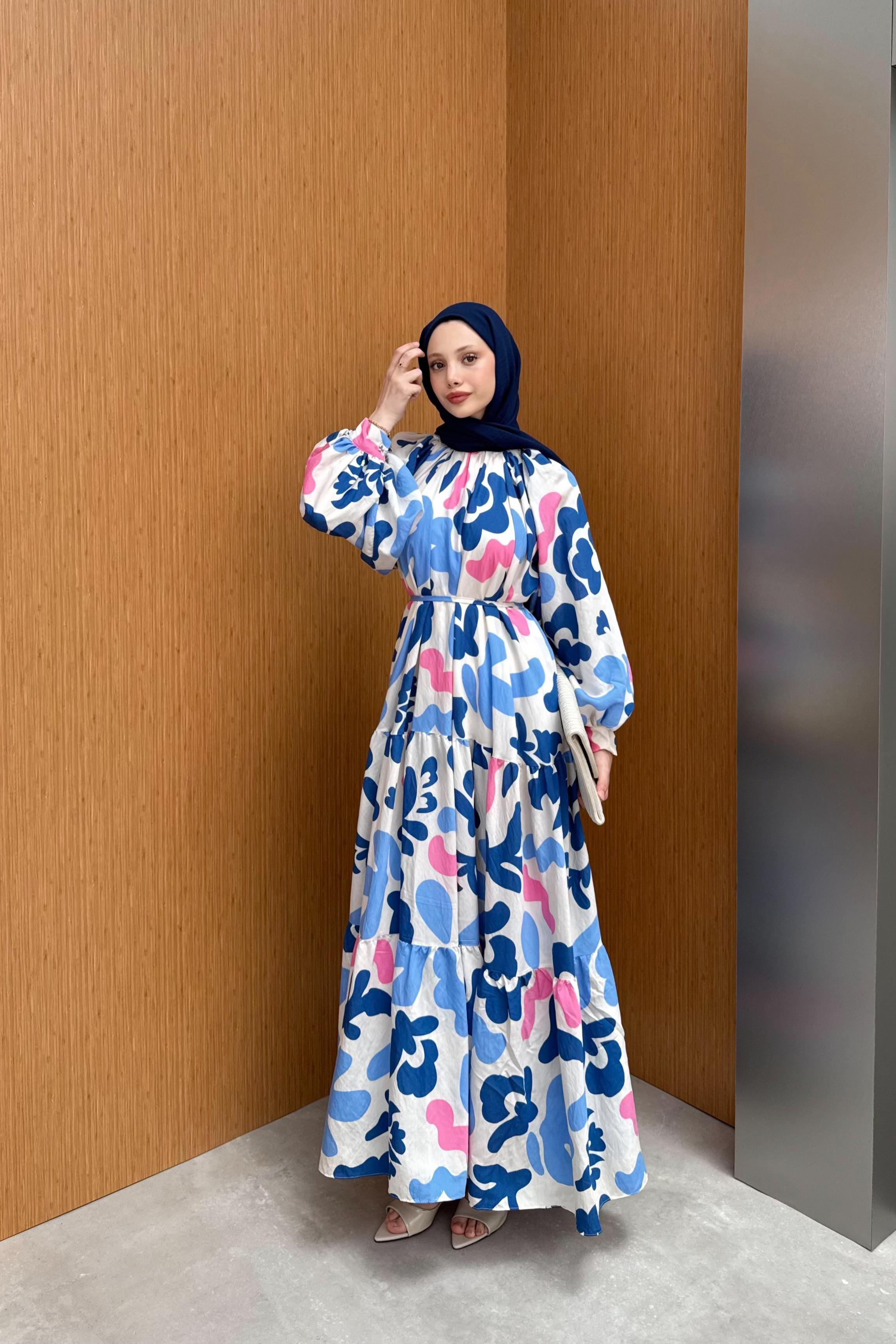 Desenli Balon Kol Elbise - Ekru