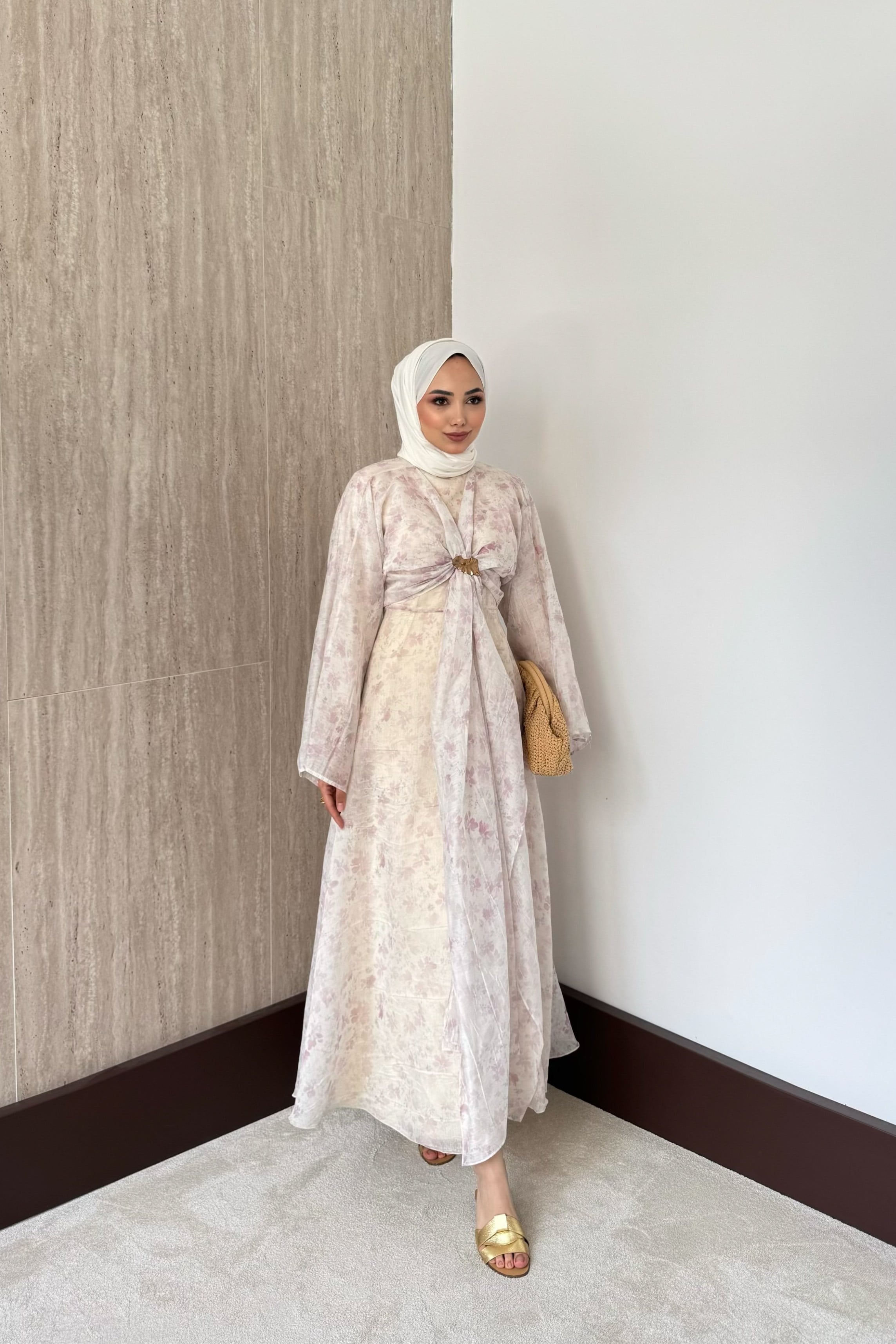 Desenli Bolerolu Vual Elbise - Pembe