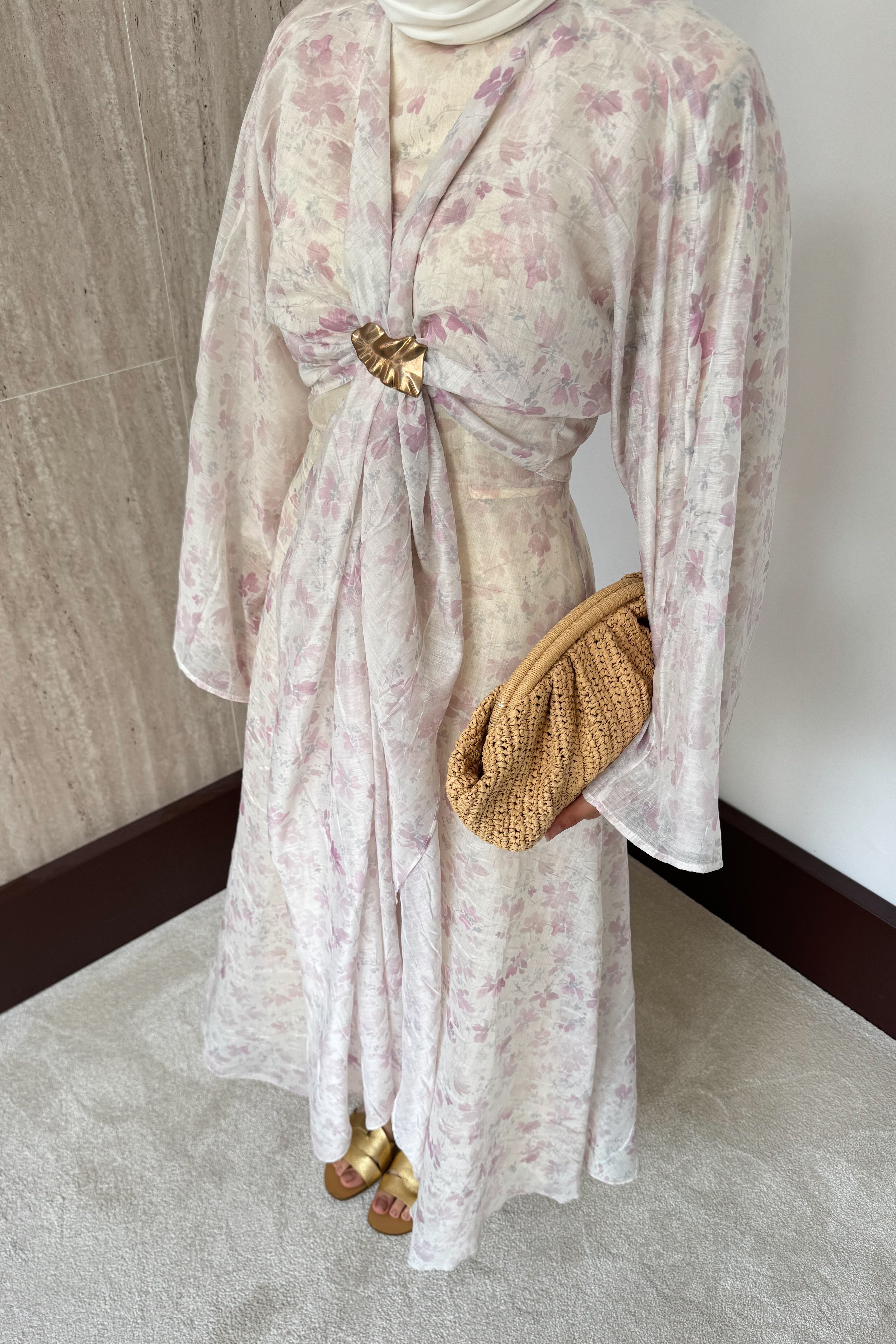 Desenli Bolerolu Vual Elbise - Pembe