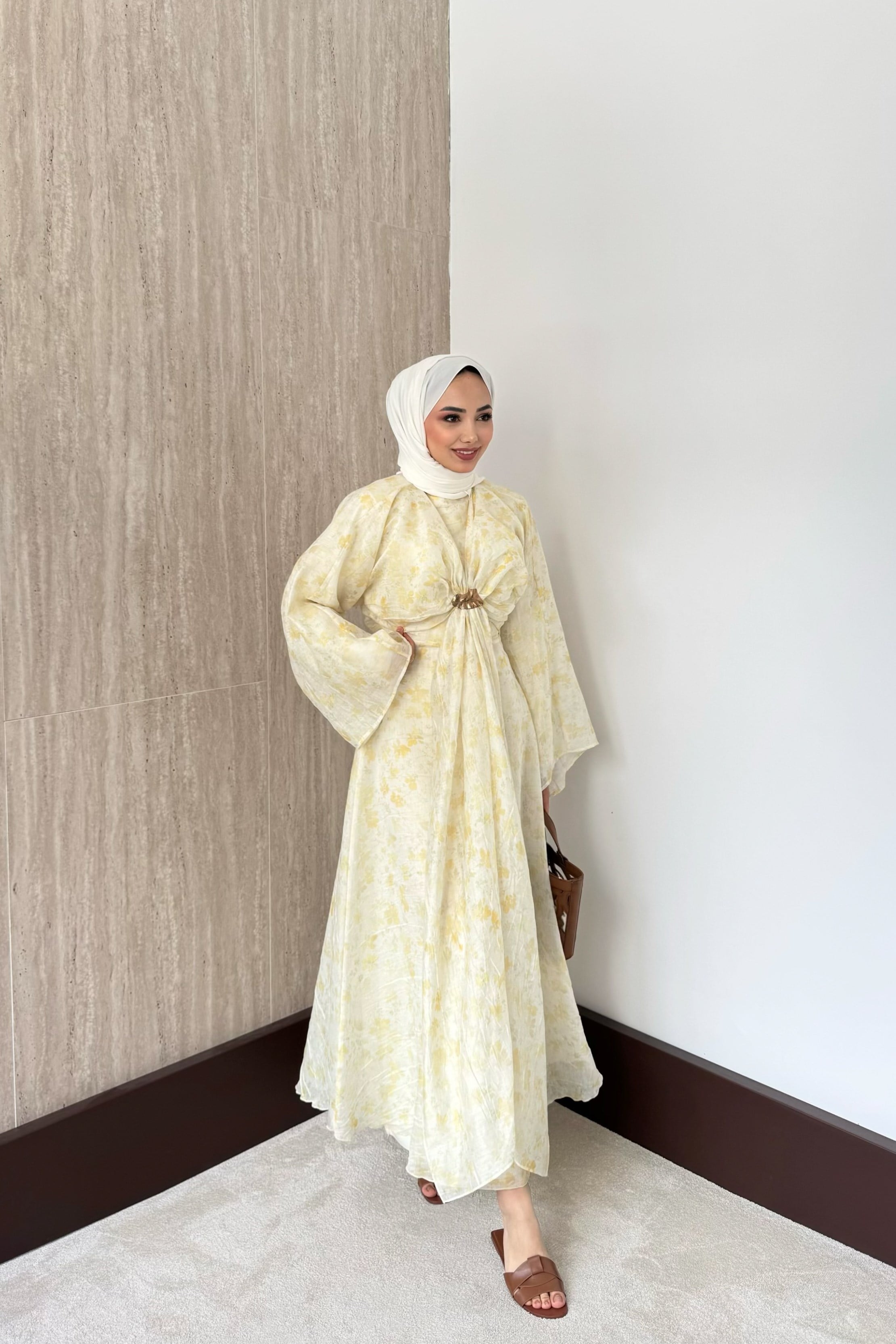 Desenli Bolerolu Vual Elbise - Sarı