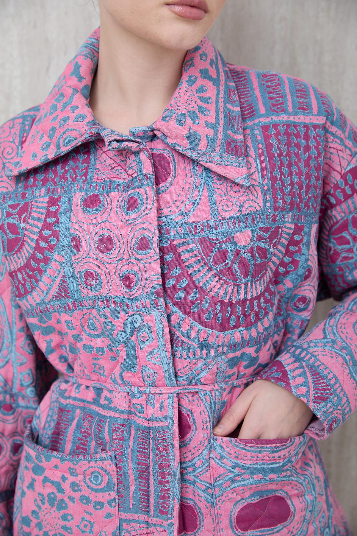 Desenli Kapitone Ceket - Pembe