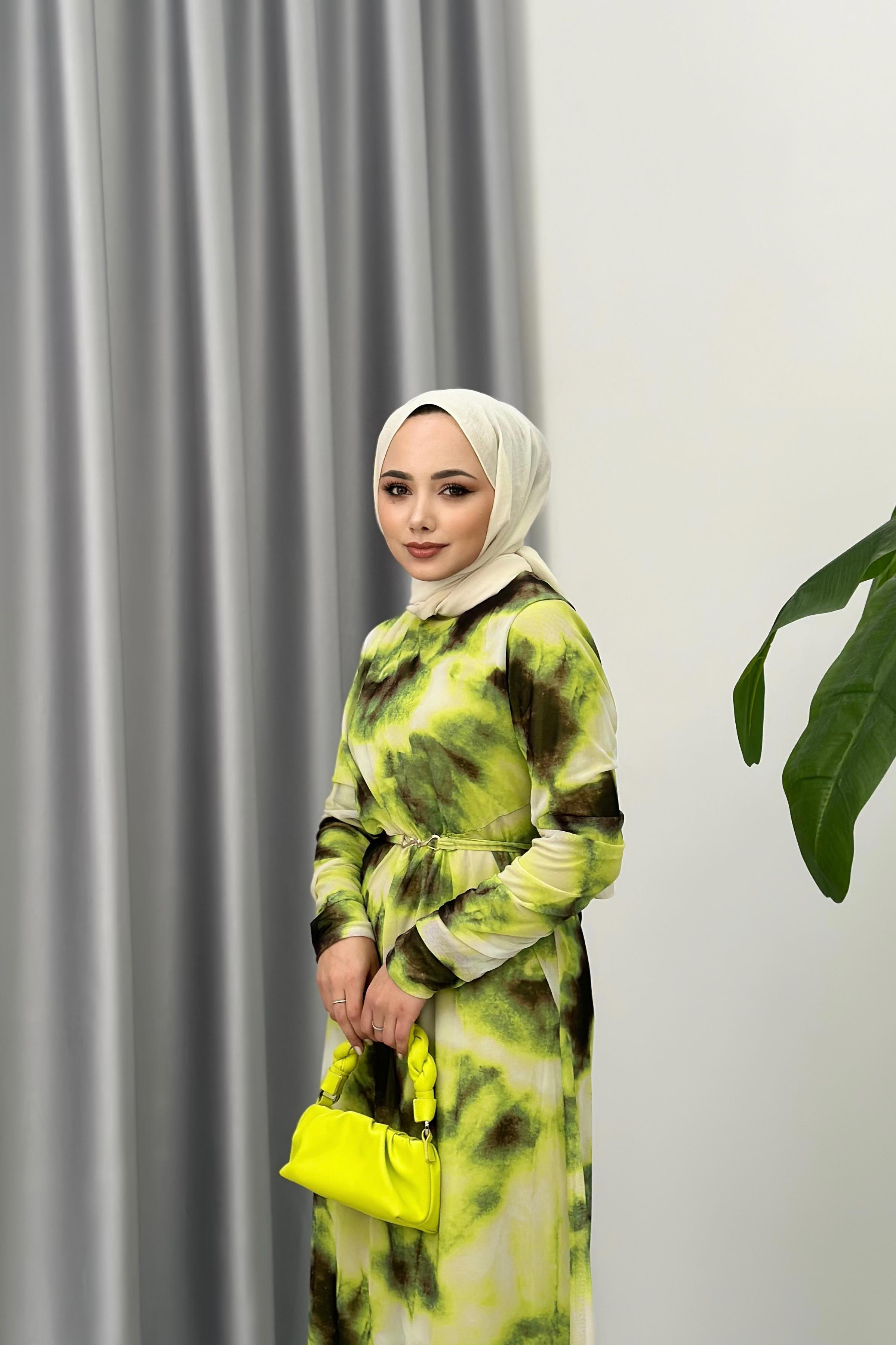 DESENLİ ŞİFON ELBİSE - HAKİ