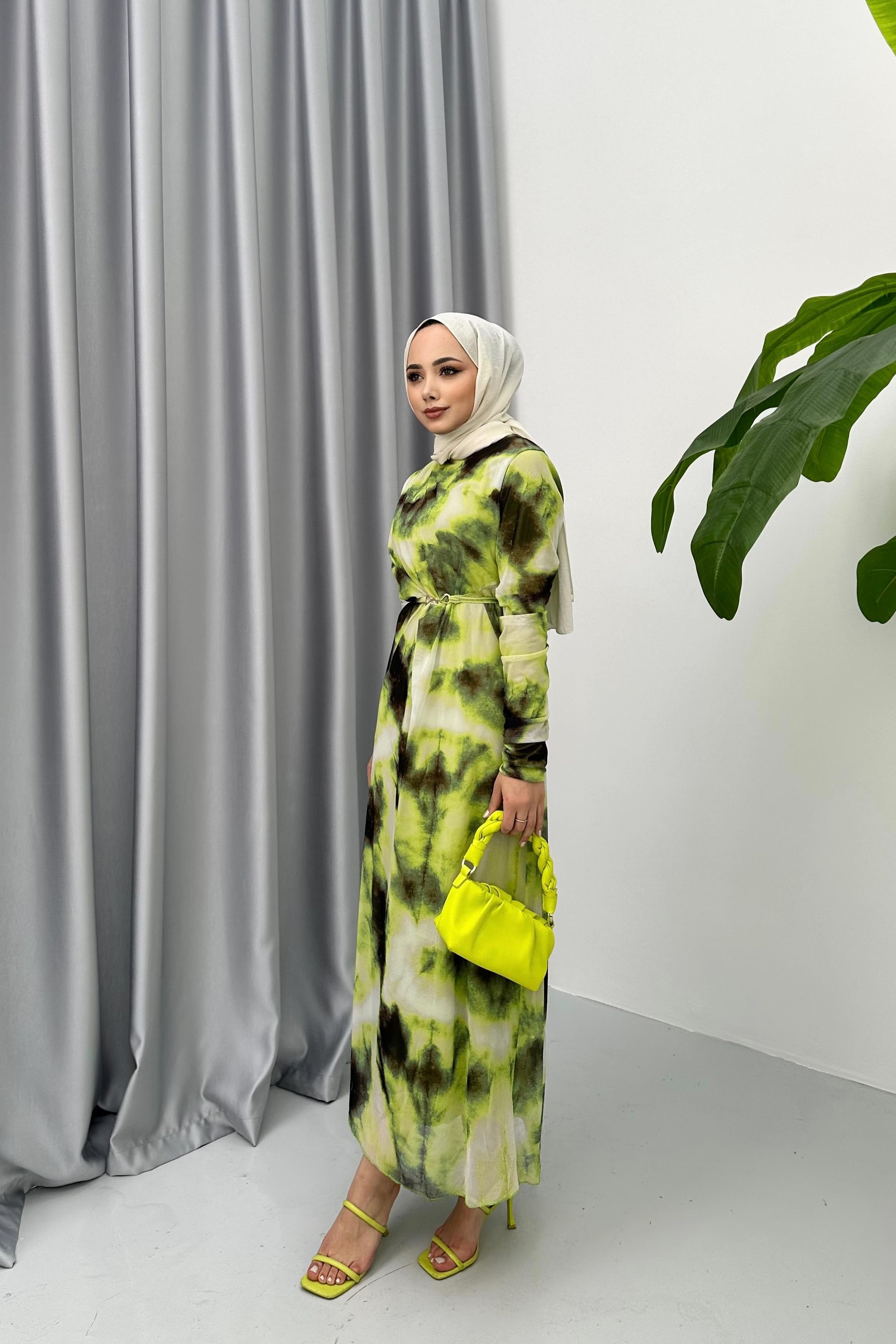 DESENLİ ŞİFON ELBİSE - HAKİ