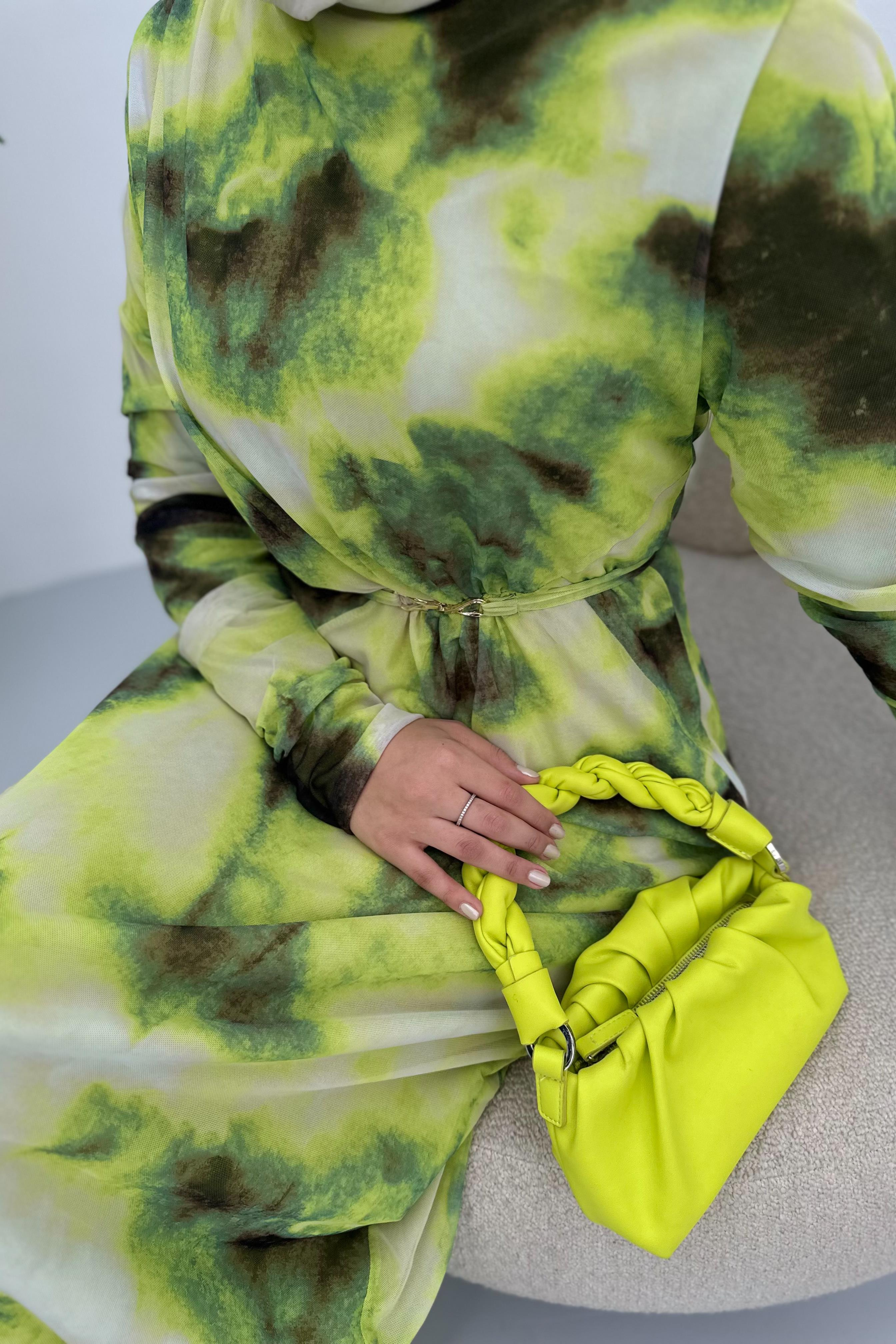 DESENLİ ŞİFON ELBİSE - HAKİ