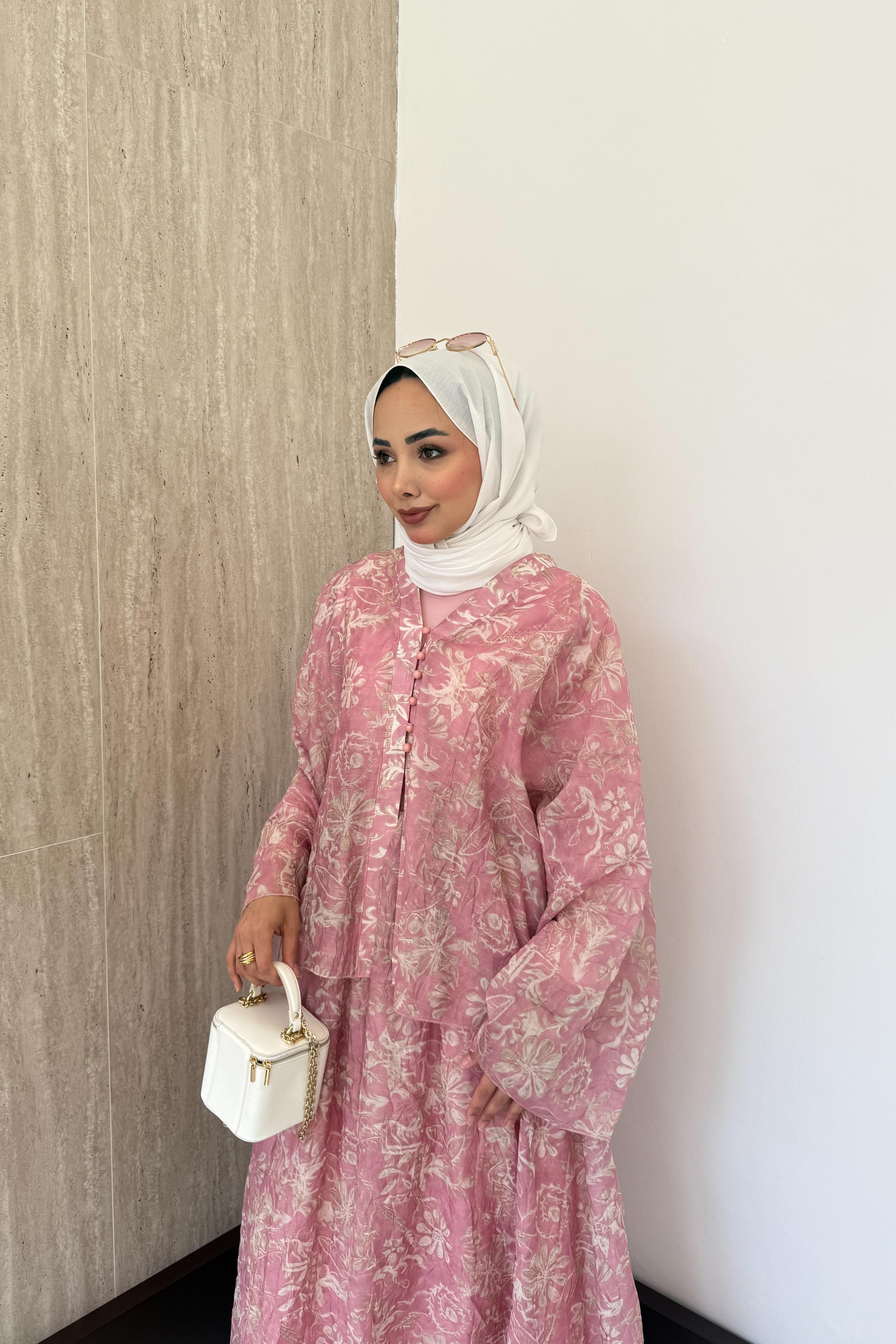 Desenli Şifon Etekli Takım - Pembe