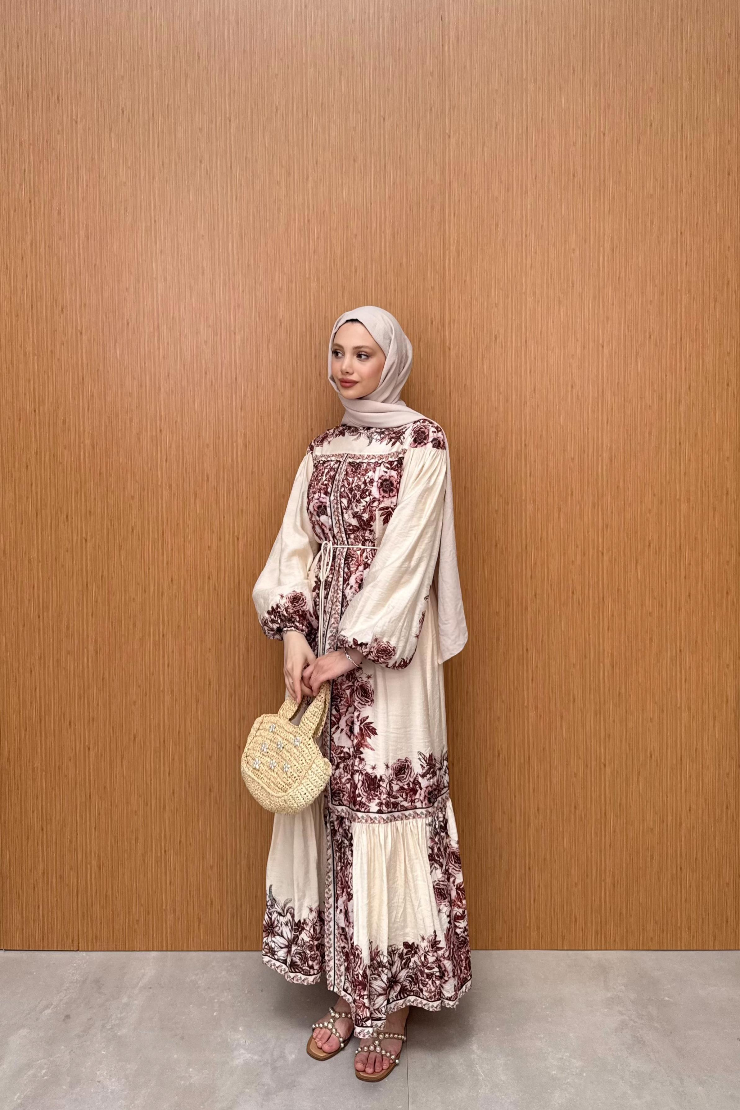 Desenli Vual Elbise - Bej