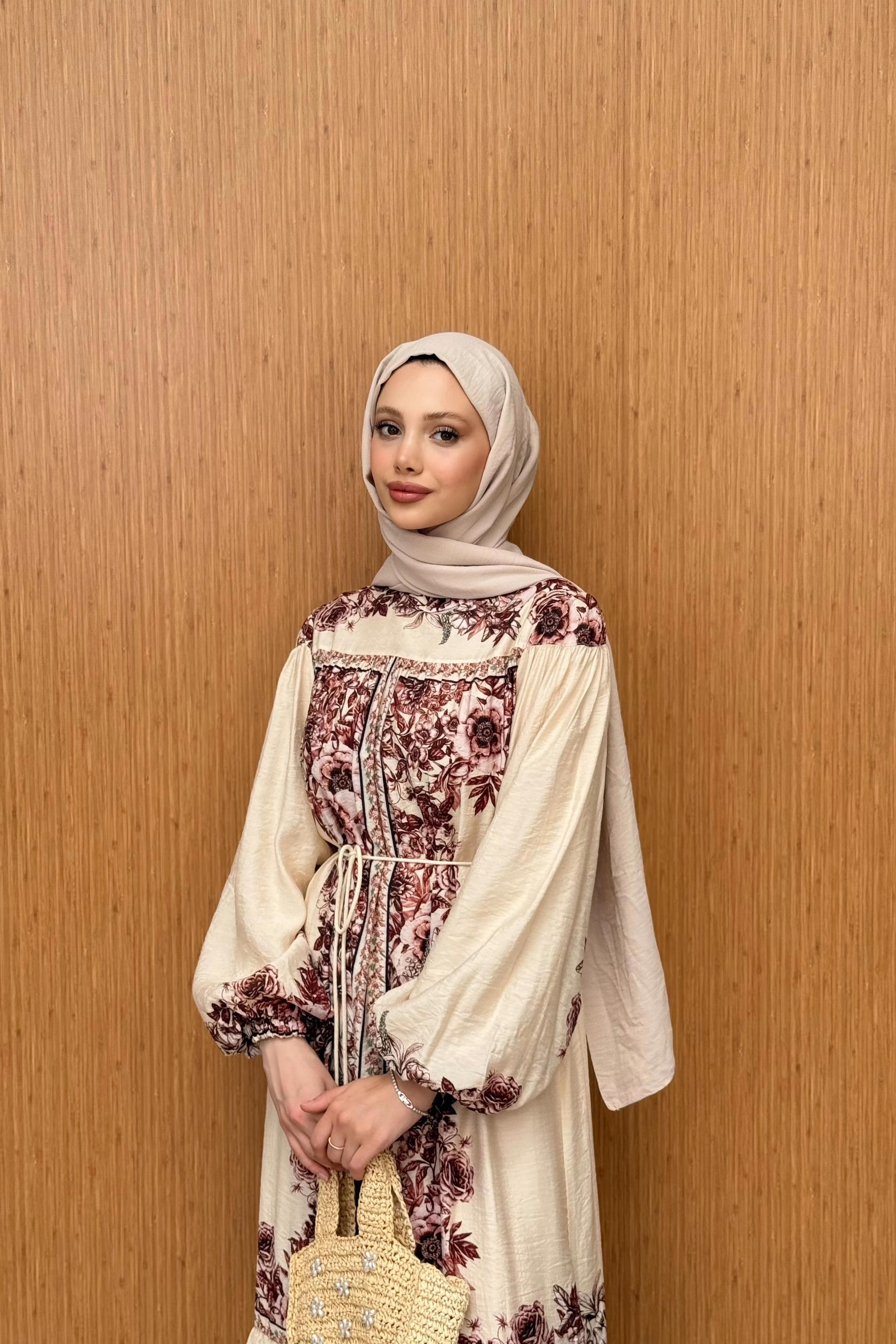 Desenli Vual Elbise - Bej