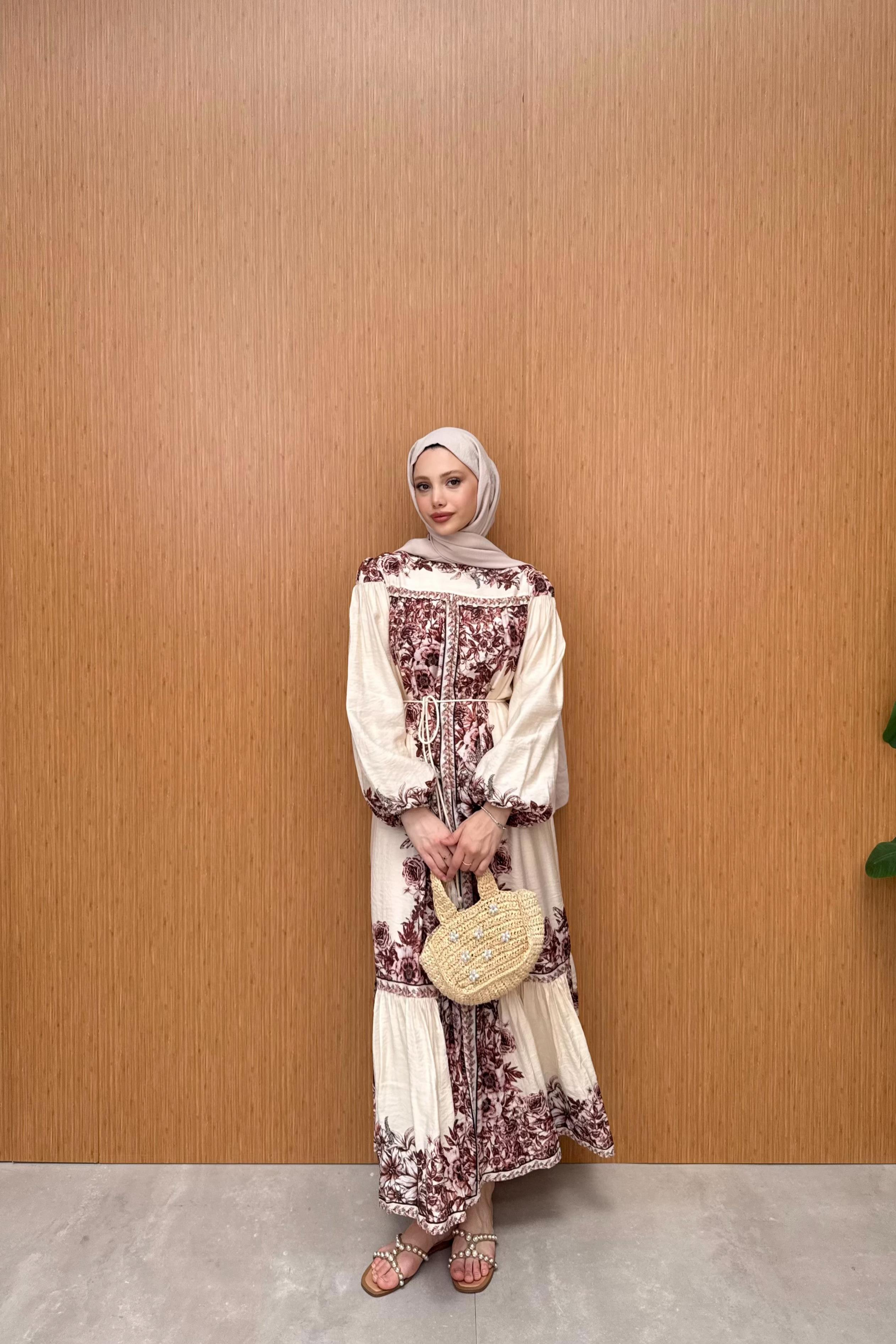 Desenli Vual Elbise - Bej