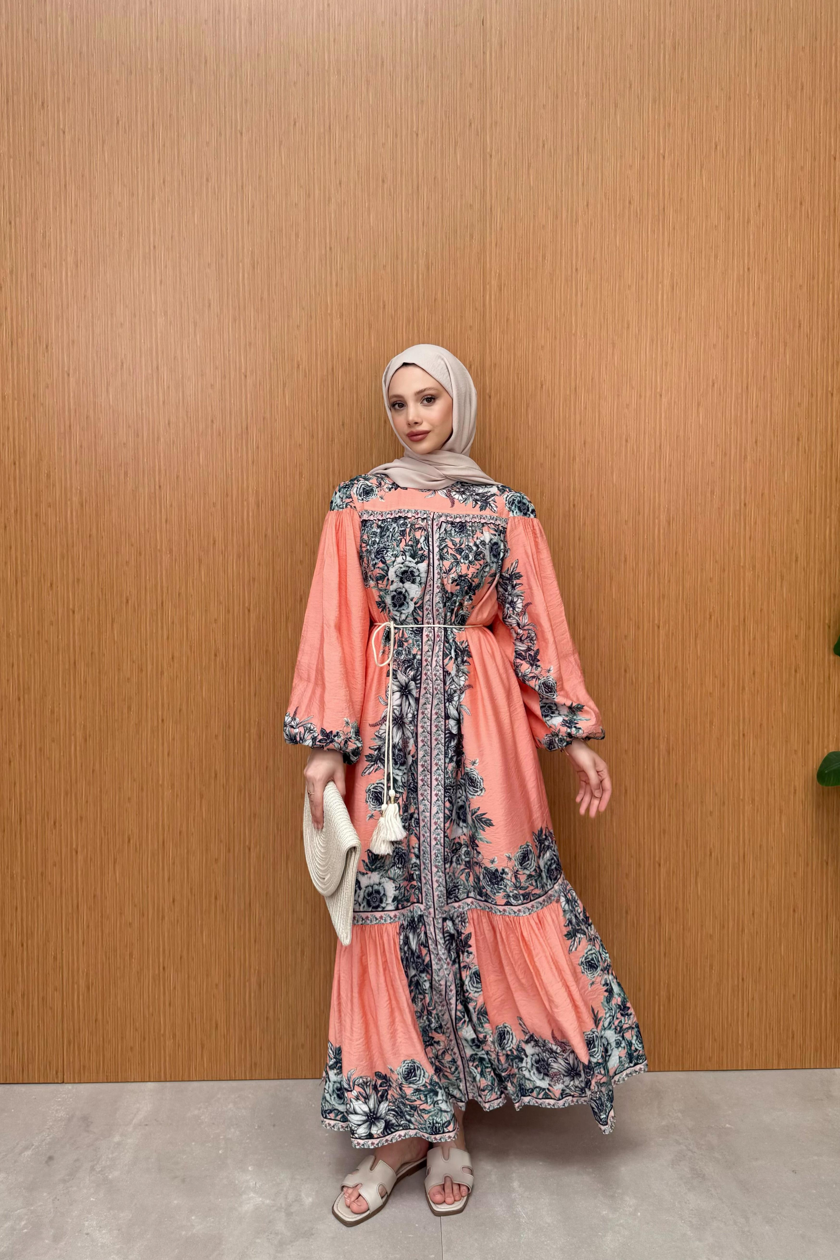 Desenli Vual Elbise - Turuncu