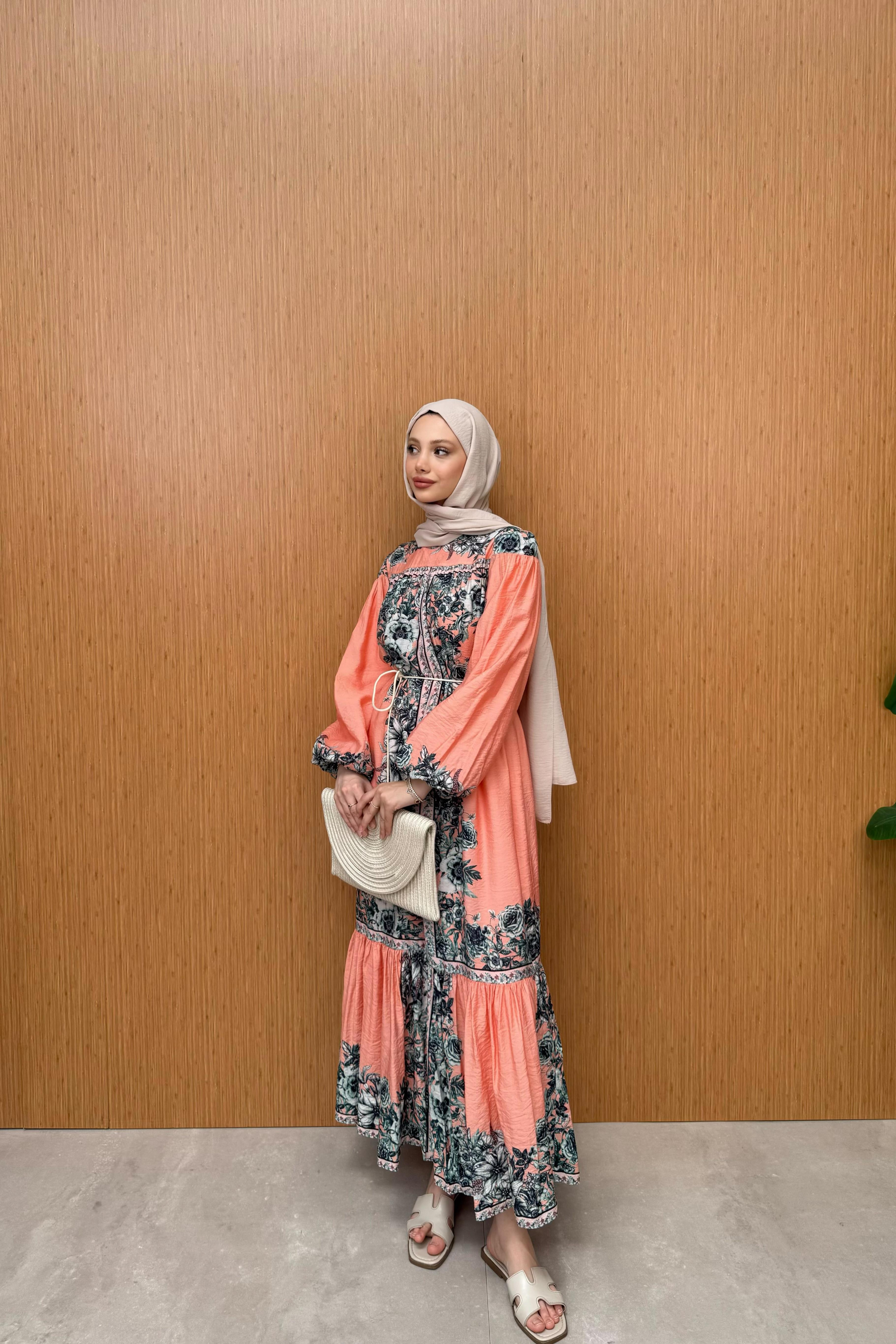 Desenli Vual Elbise - Turuncu