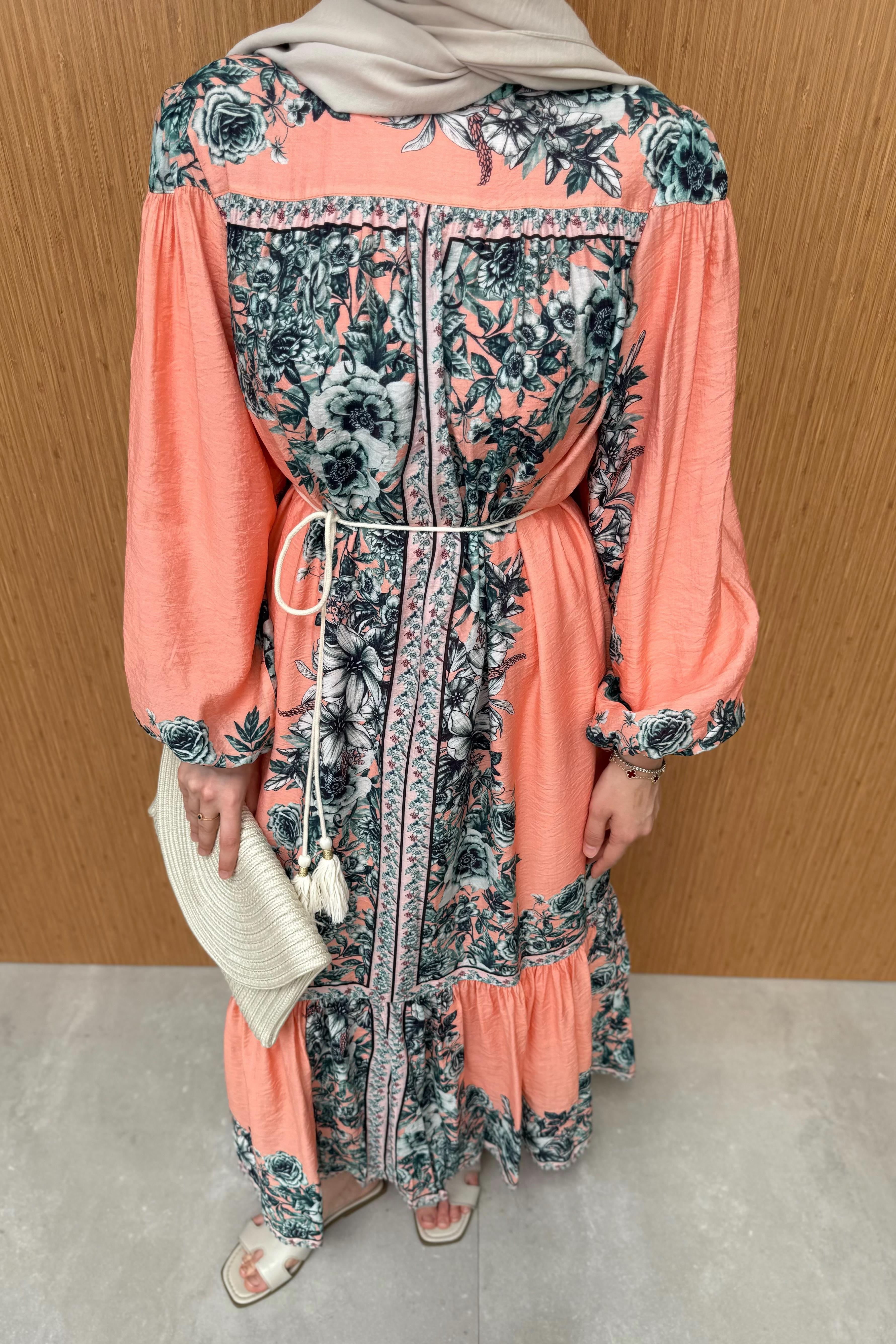 Desenli Vual Elbise - Turuncu