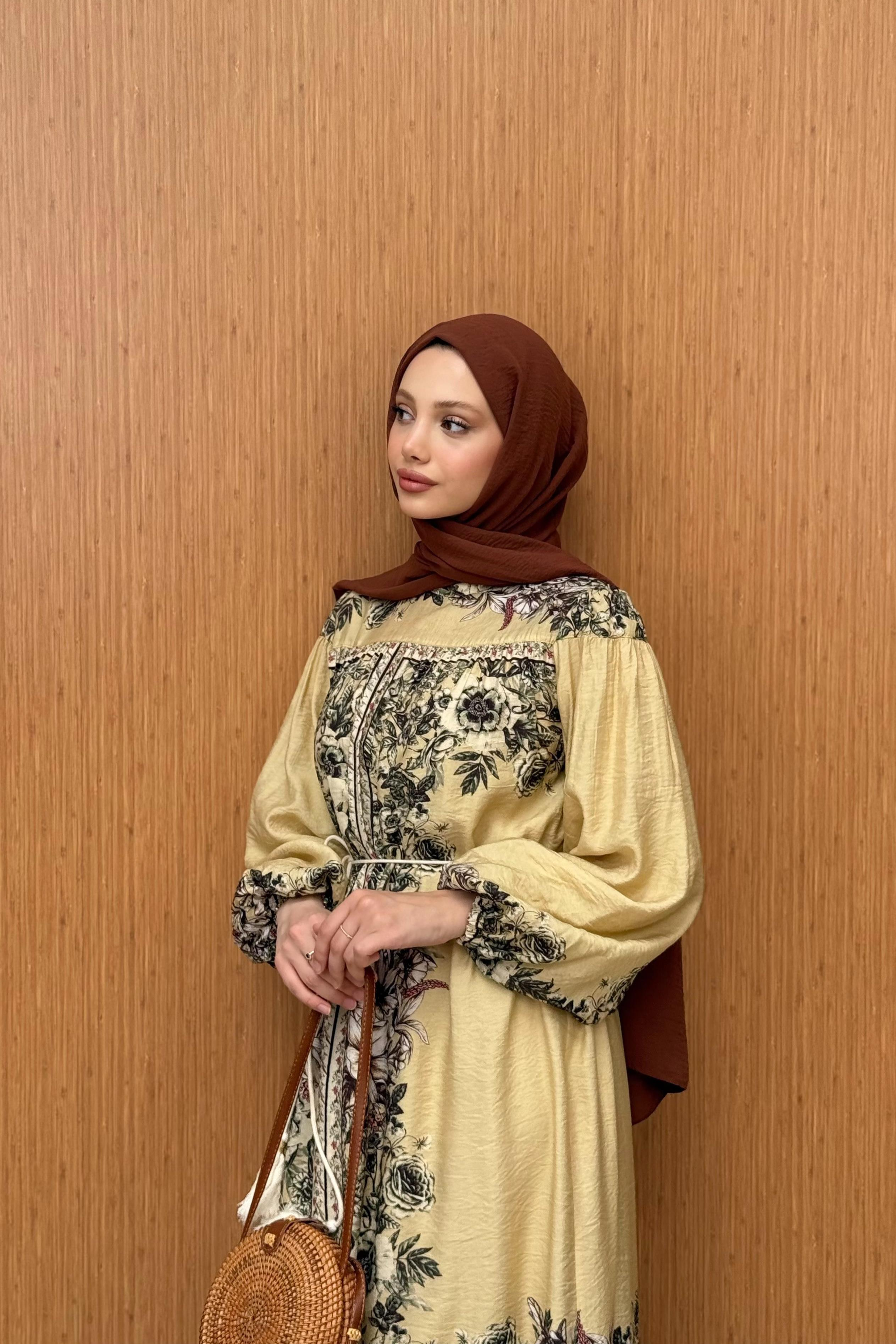 Desenli Vual Elbise - Yağ Yeşili