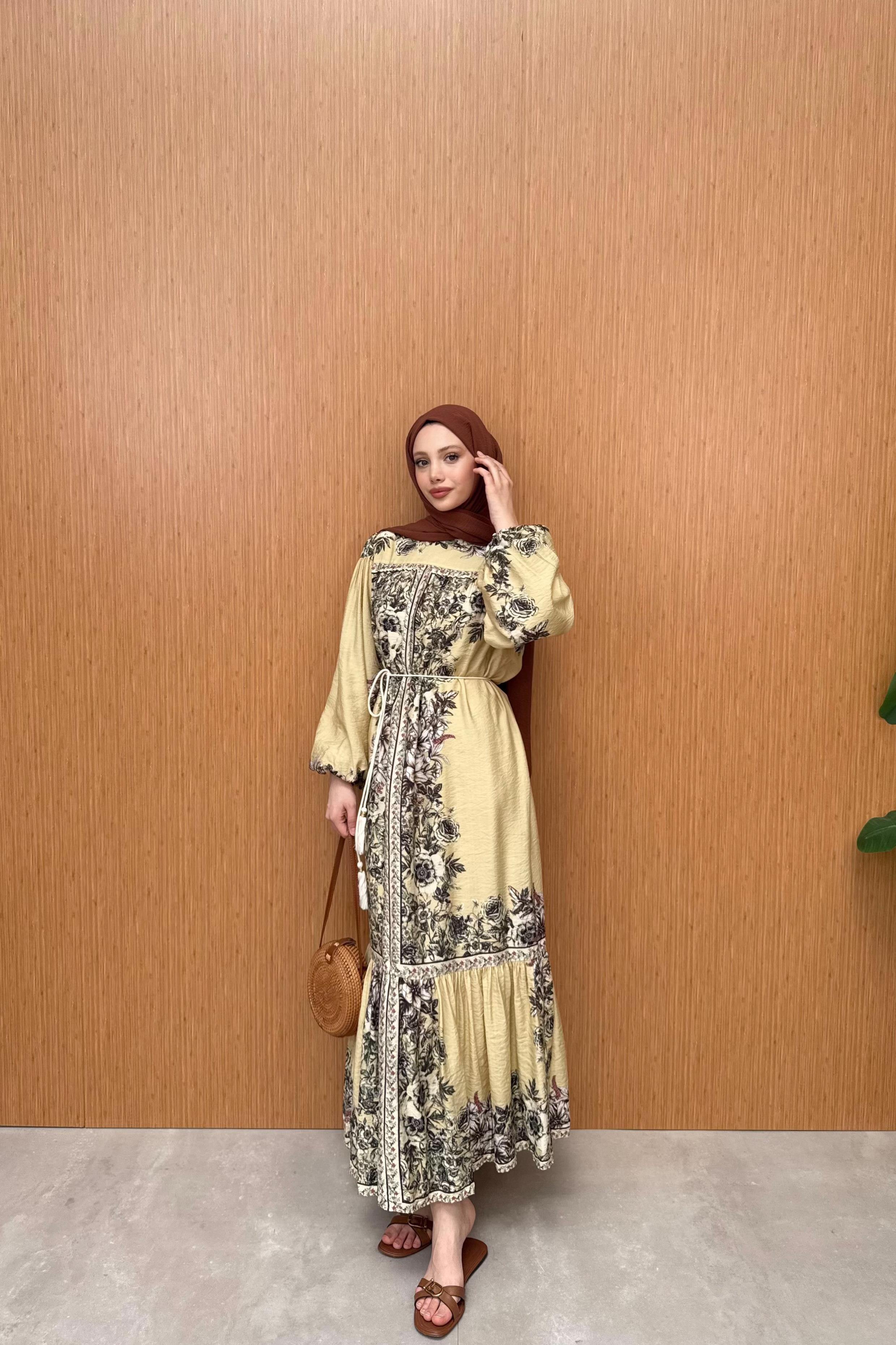 Desenli Vual Elbise - Yağ Yeşili