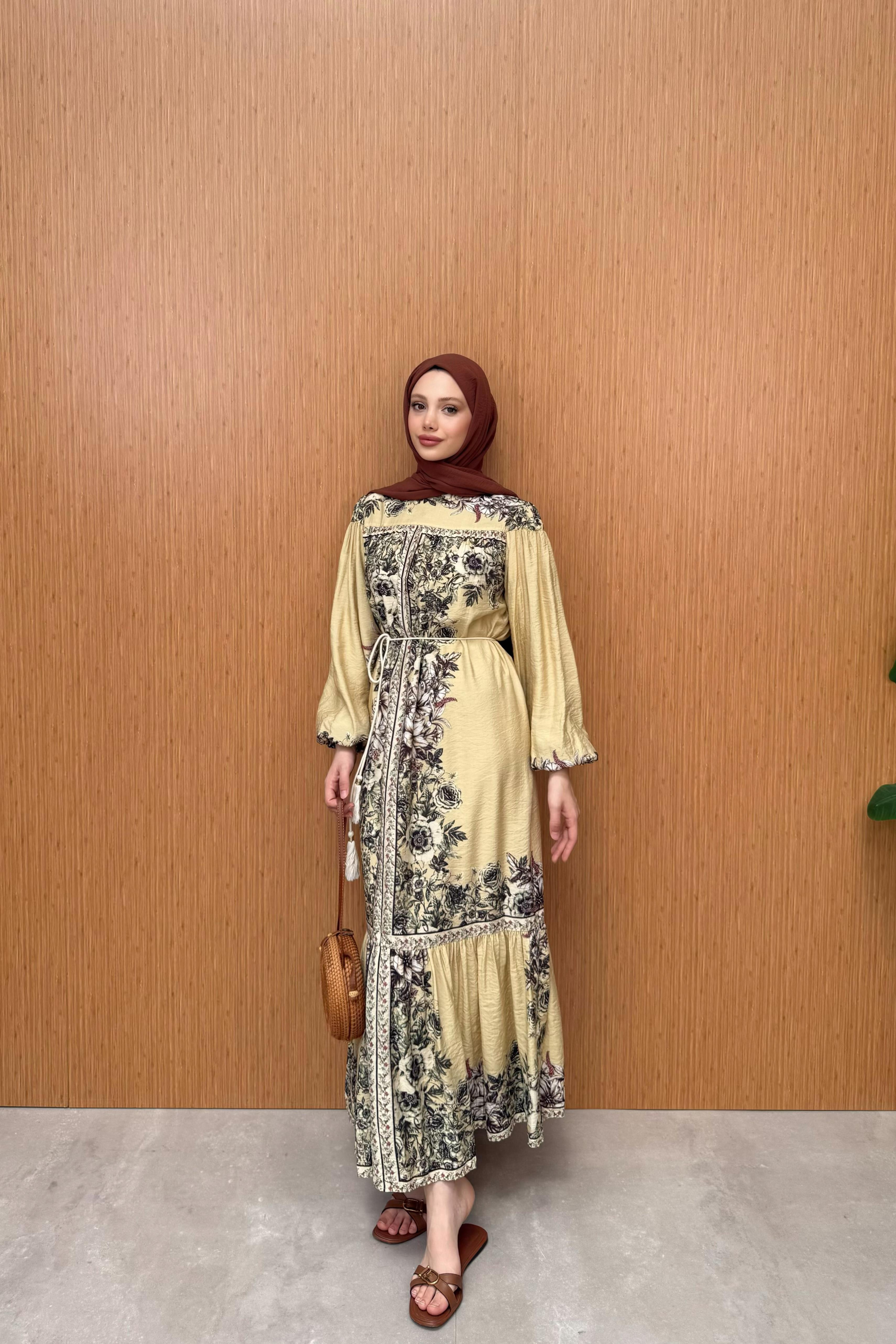 Desenli Vual Elbise - Yağ Yeşili