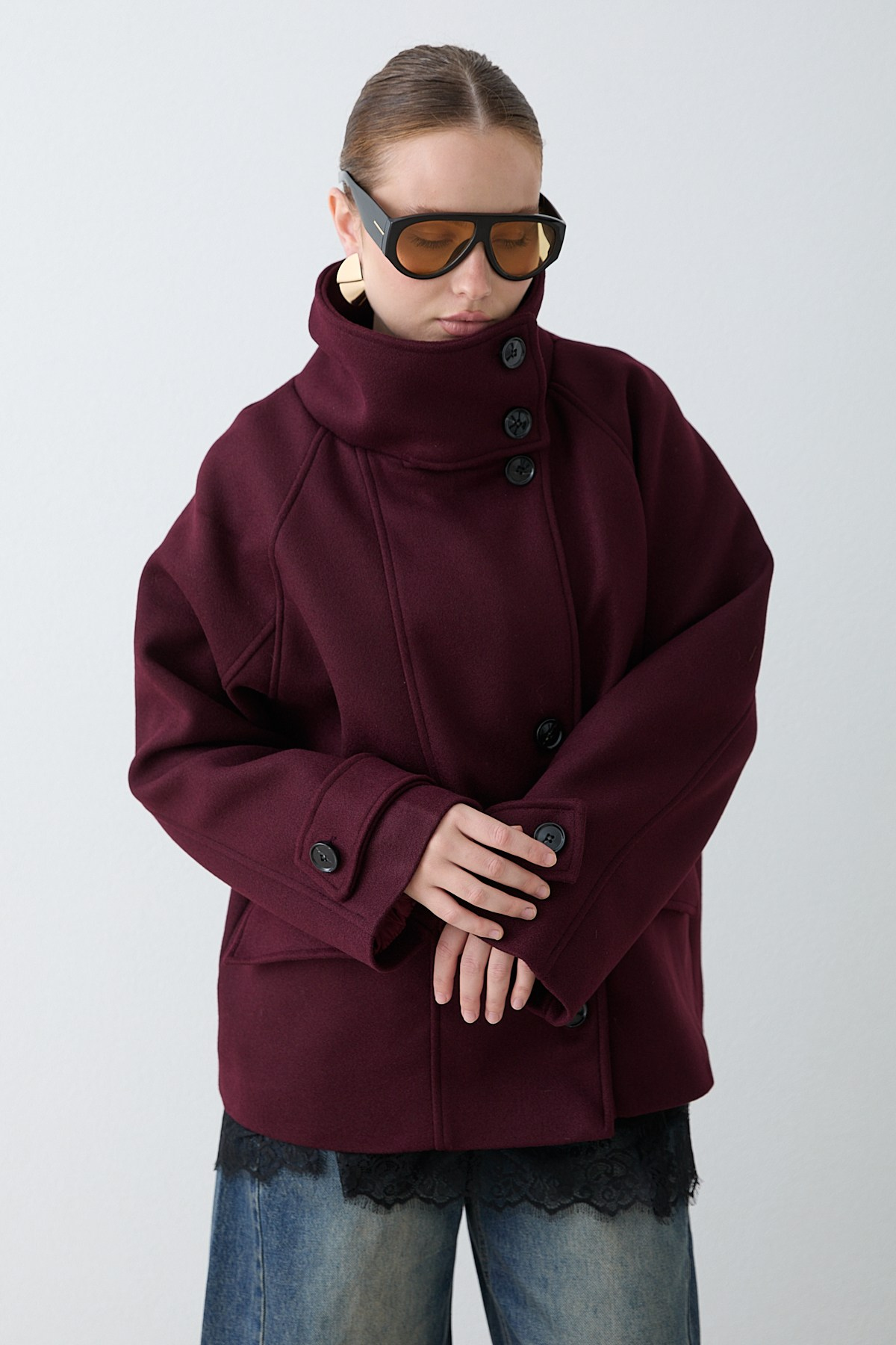 Dik Yakalı Kaşe Kaban - Bordo