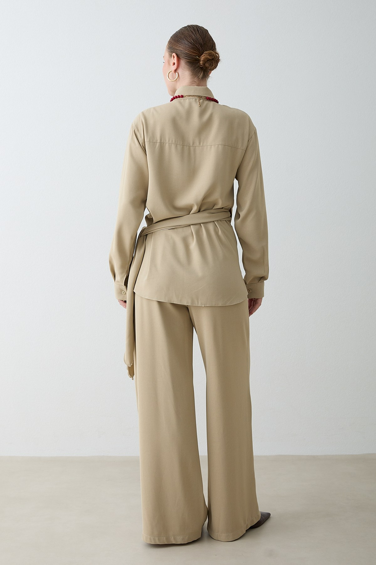 Drape Bağlamalı Pantolonlu Takım - Çağla
