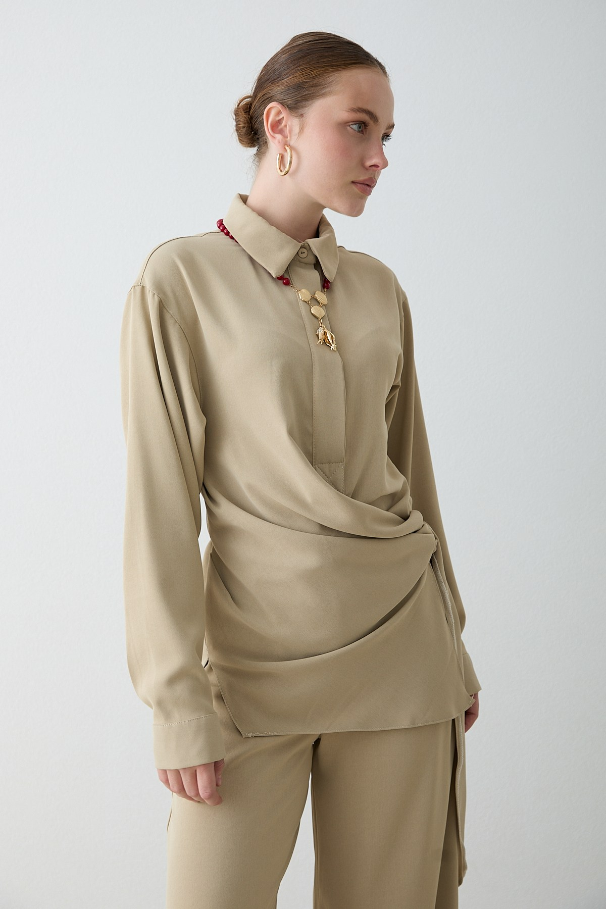 Drape Bağlamalı Pantolonlu Takım - Çağla