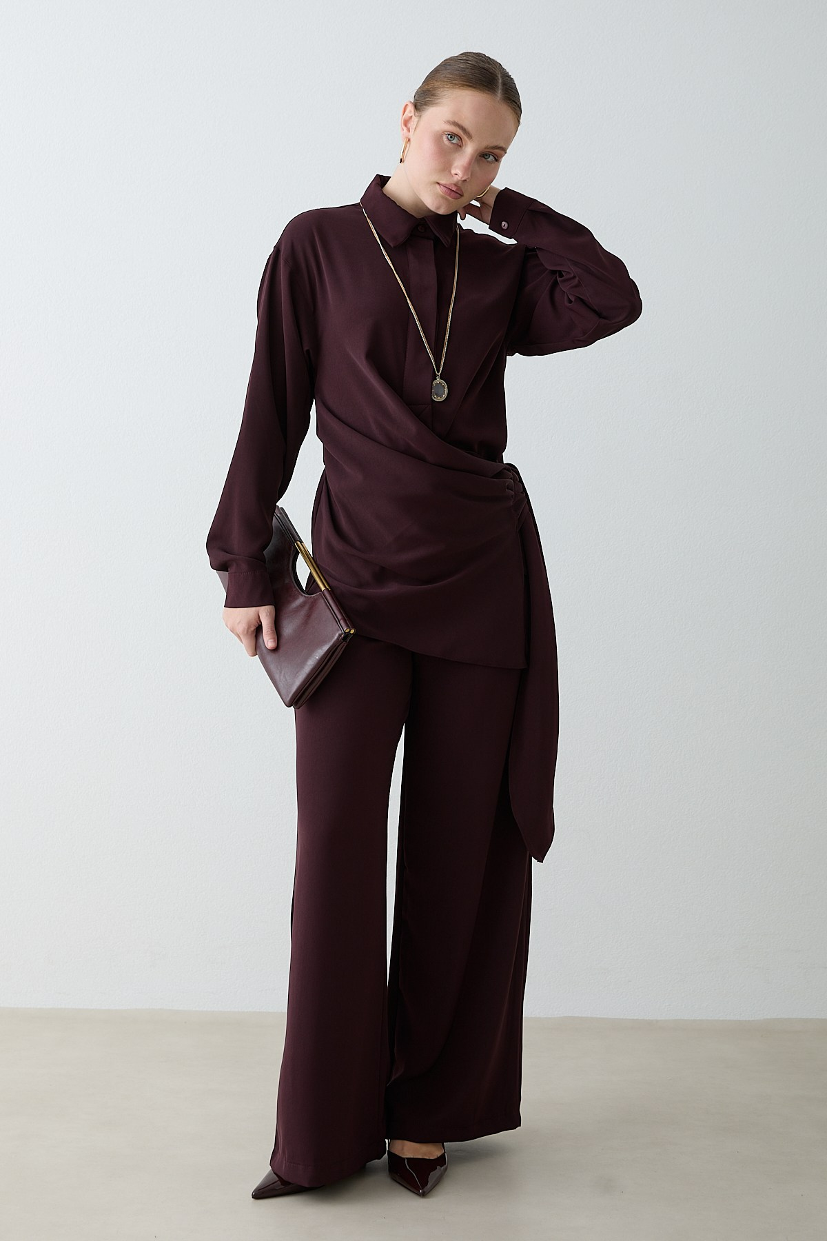 Drape Bağlamalı Pantolonlu Takım - Mürdüm