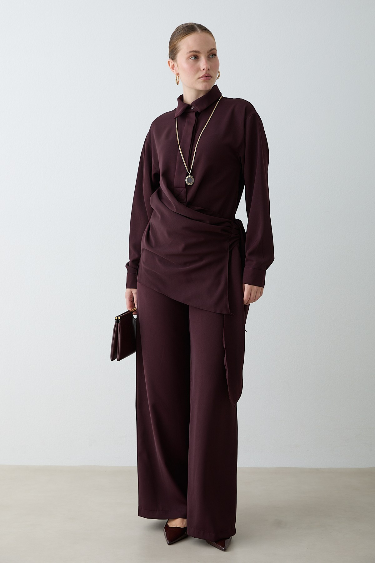 Drape Bağlamalı Pantolonlu Takım - Mürdüm