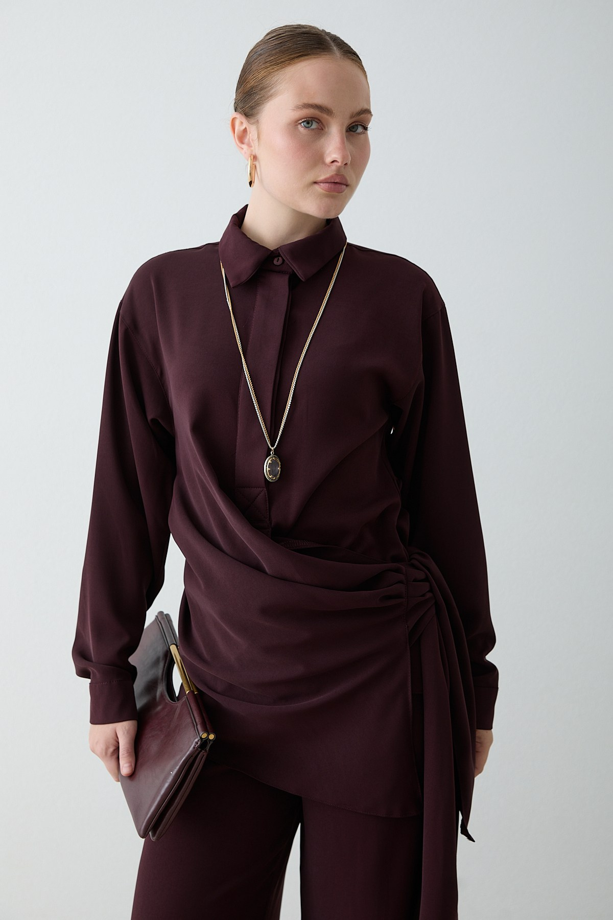Drape Bağlamalı Pantolonlu Takım - Mürdüm