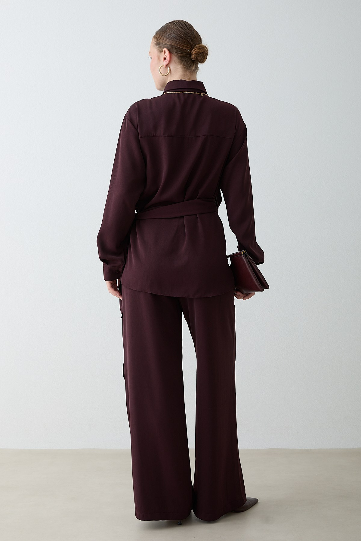 Drape Bağlamalı Pantolonlu Takım - Mürdüm