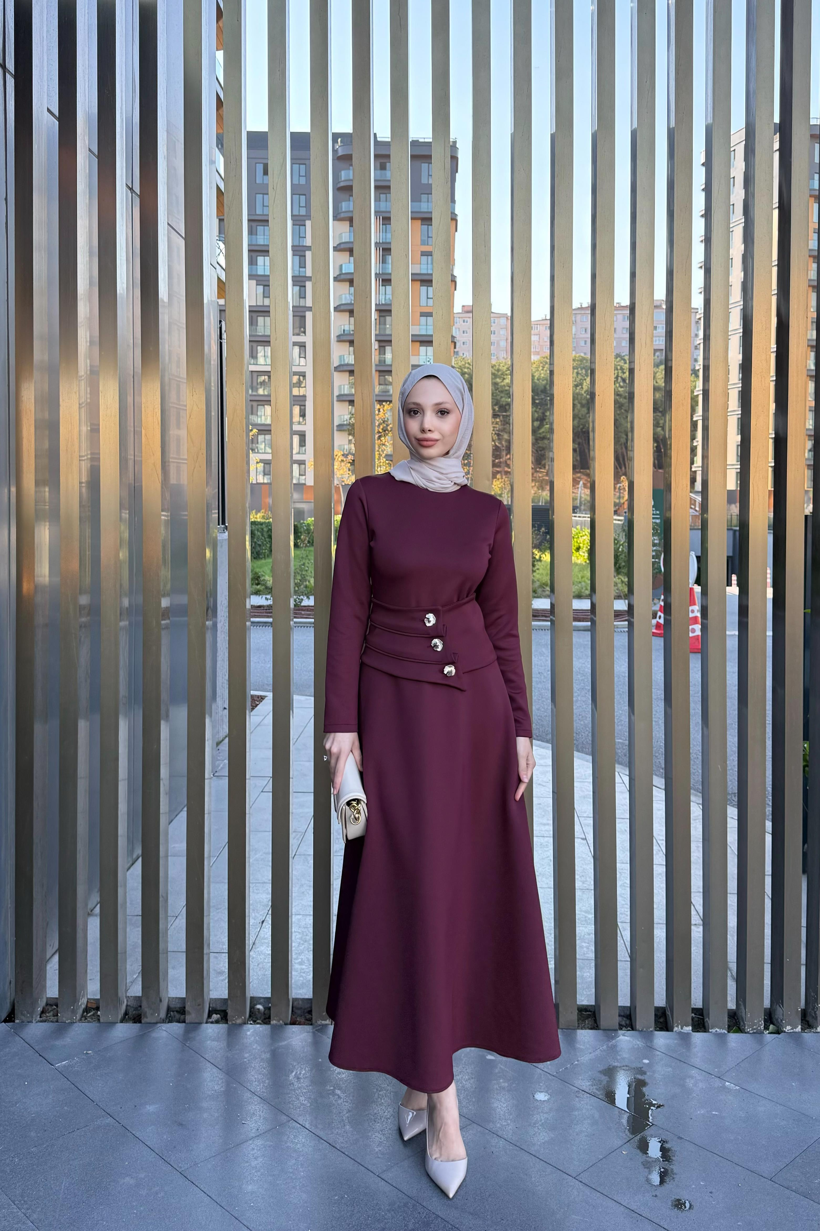 Düğme Kemerli Scuba Elbise - Bordo