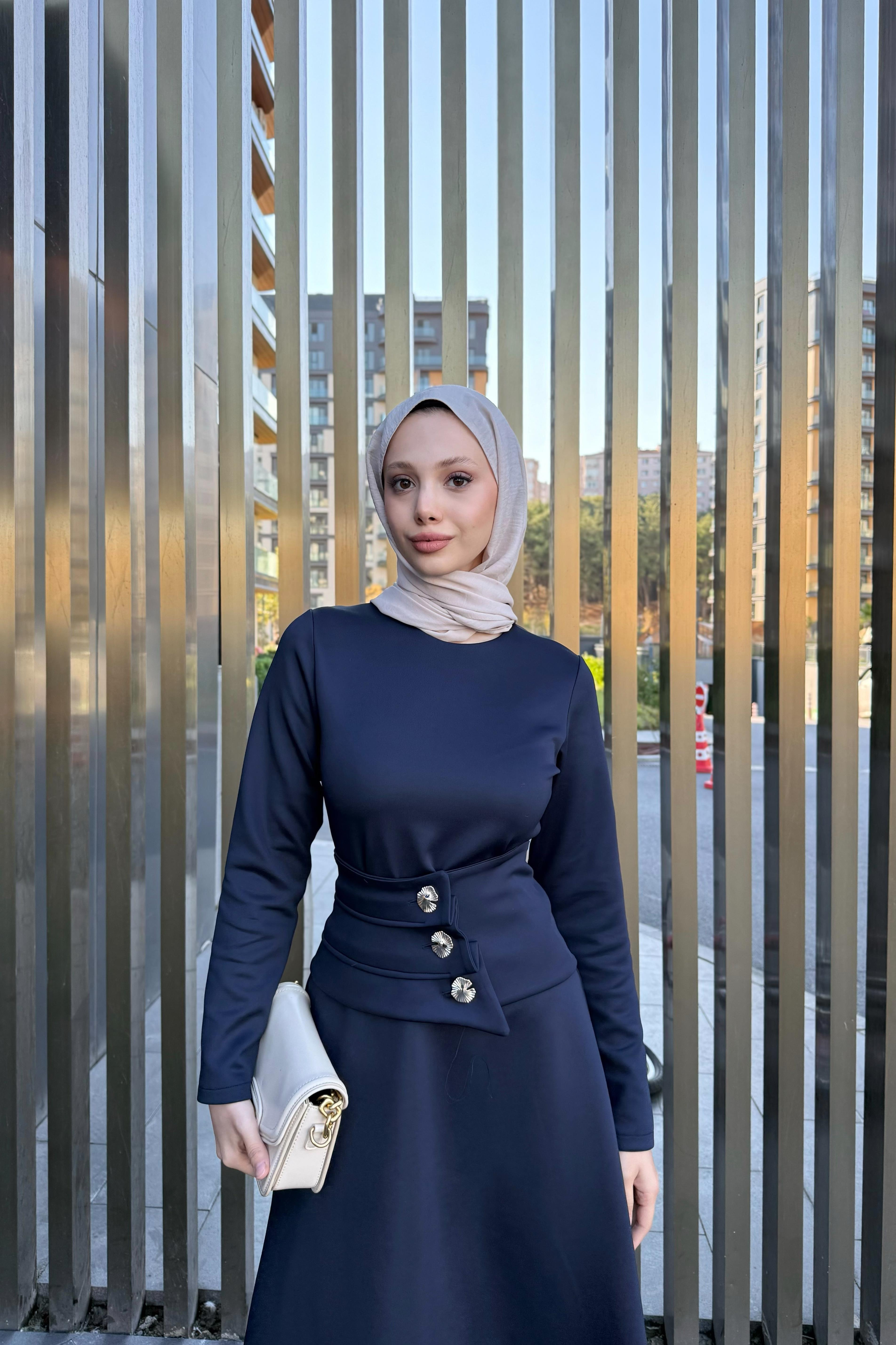 Düğme Kemerli Scuba Elbise - Lacivert