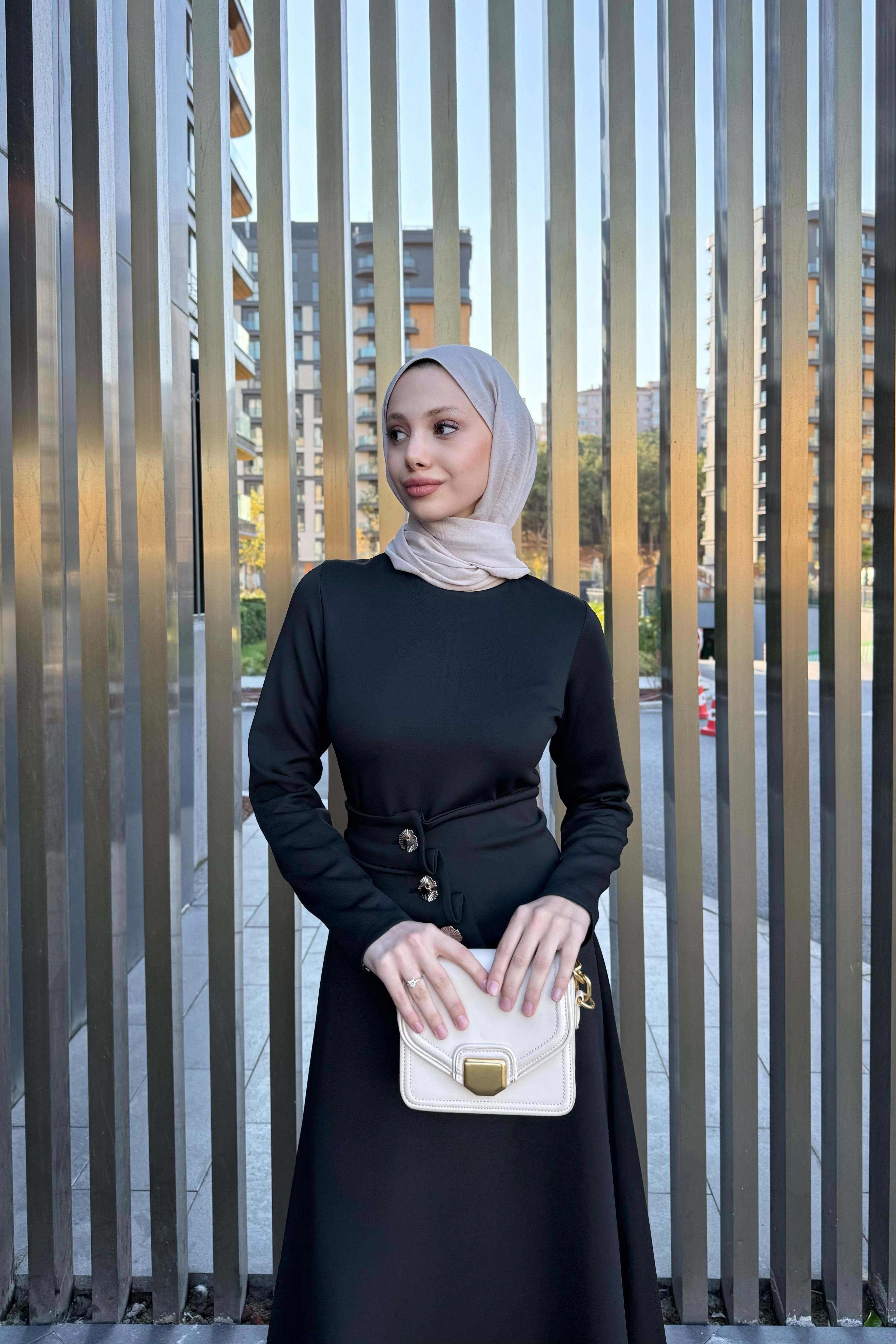 Düğme Kemerli Scuba Elbise - Siyah