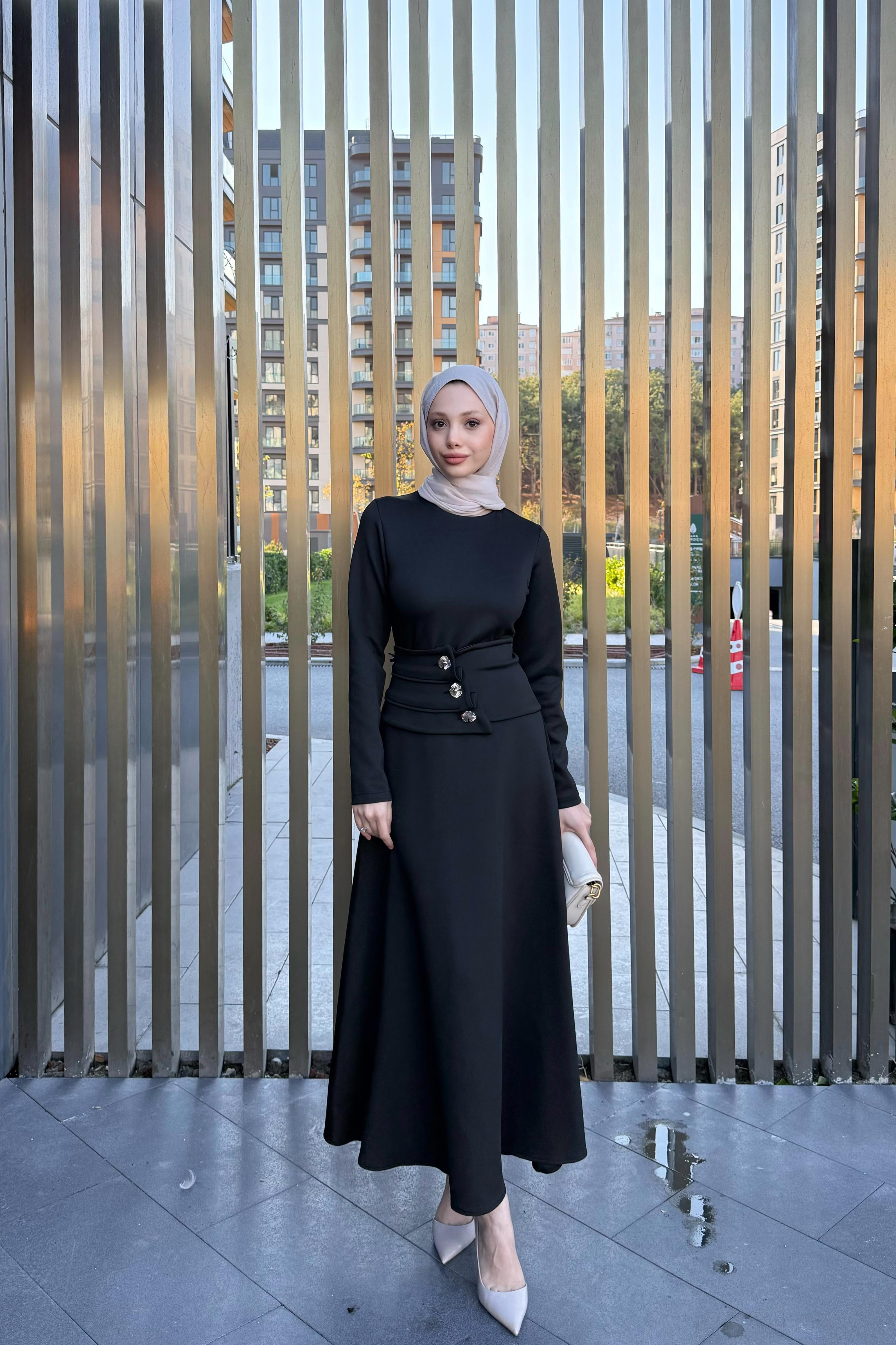 Düğme Kemerli Scuba Elbise - Siyah