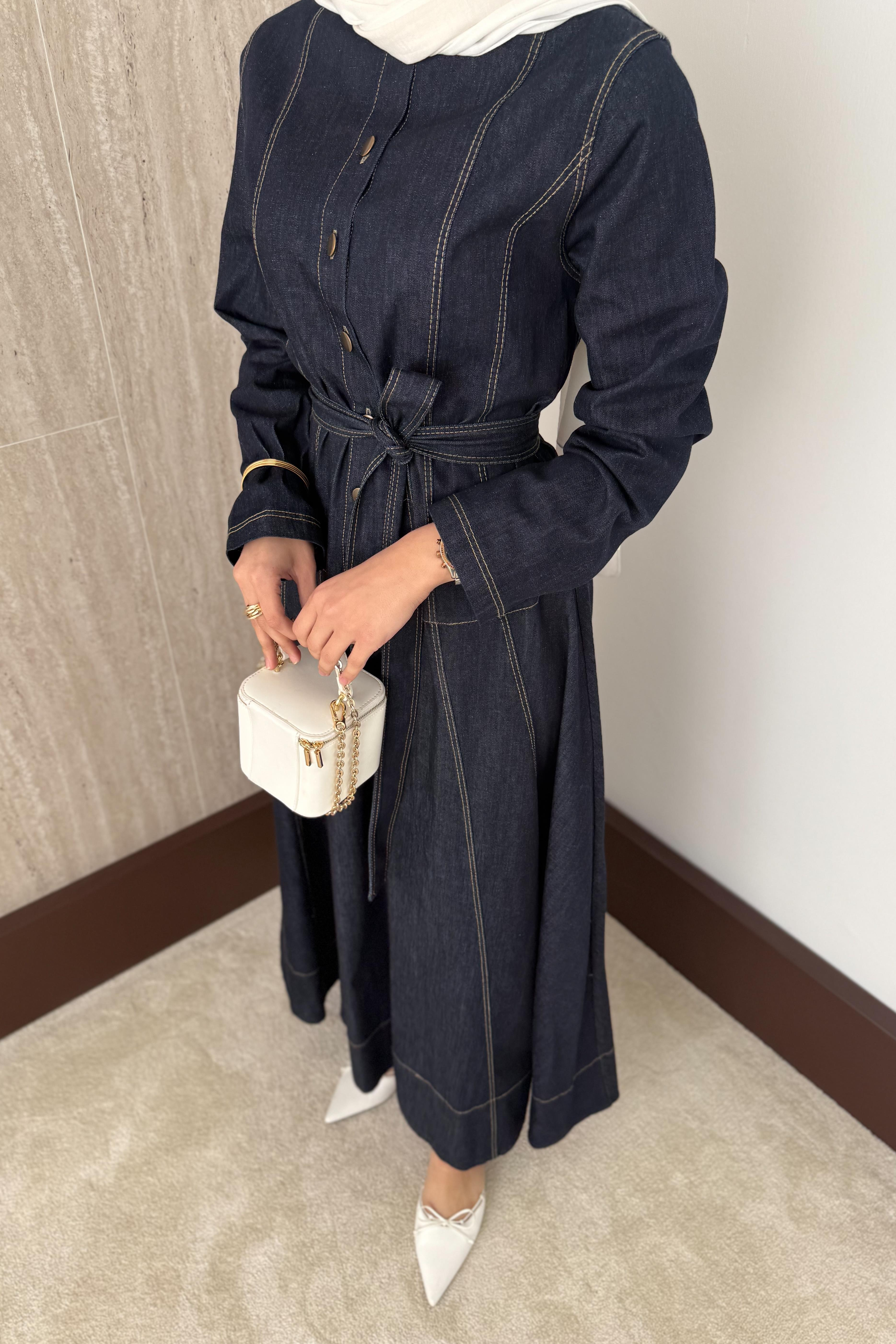 Düğmeli Kot Elbise - Lacivert