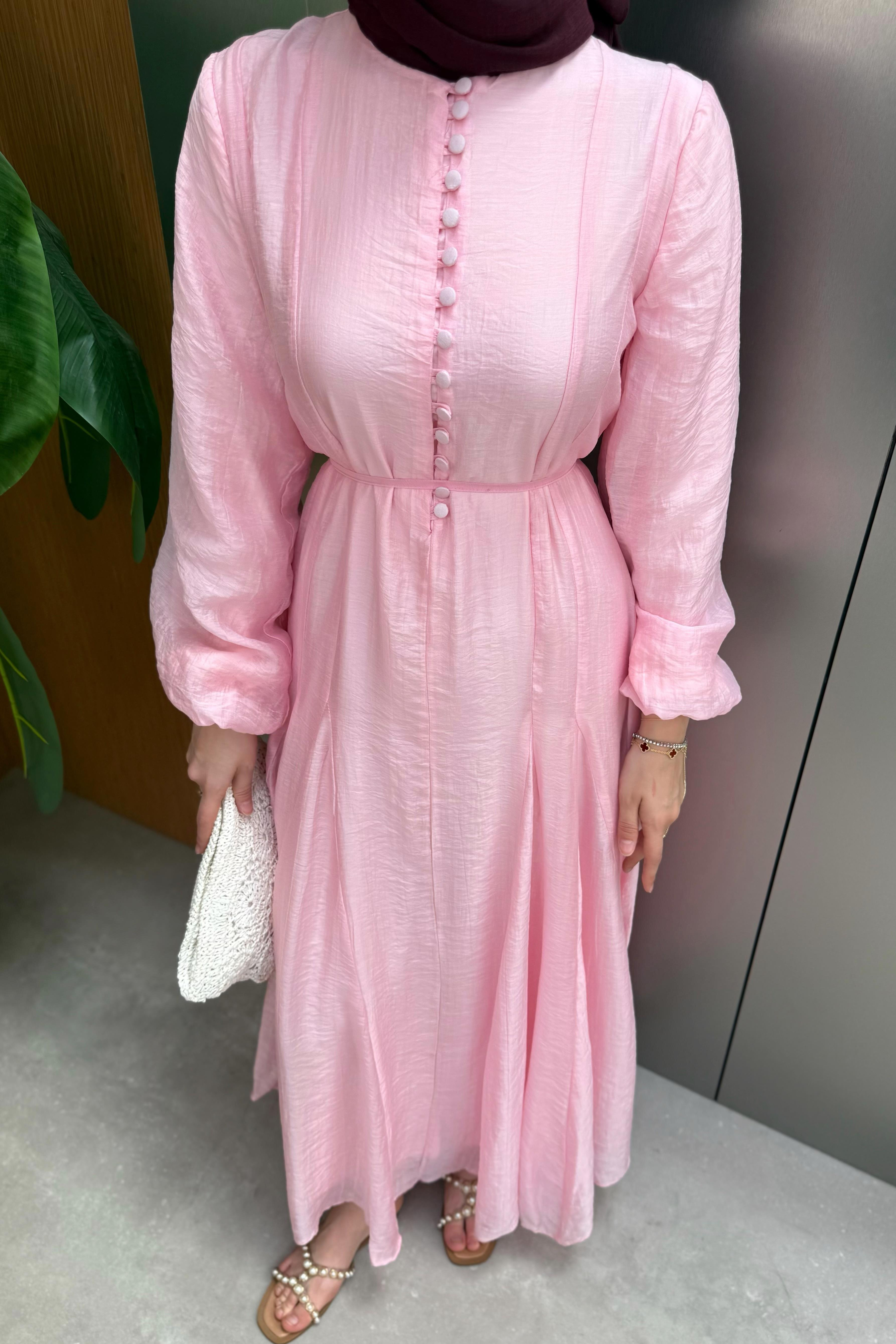 Düğmeli Şifon Elbise - Pembe