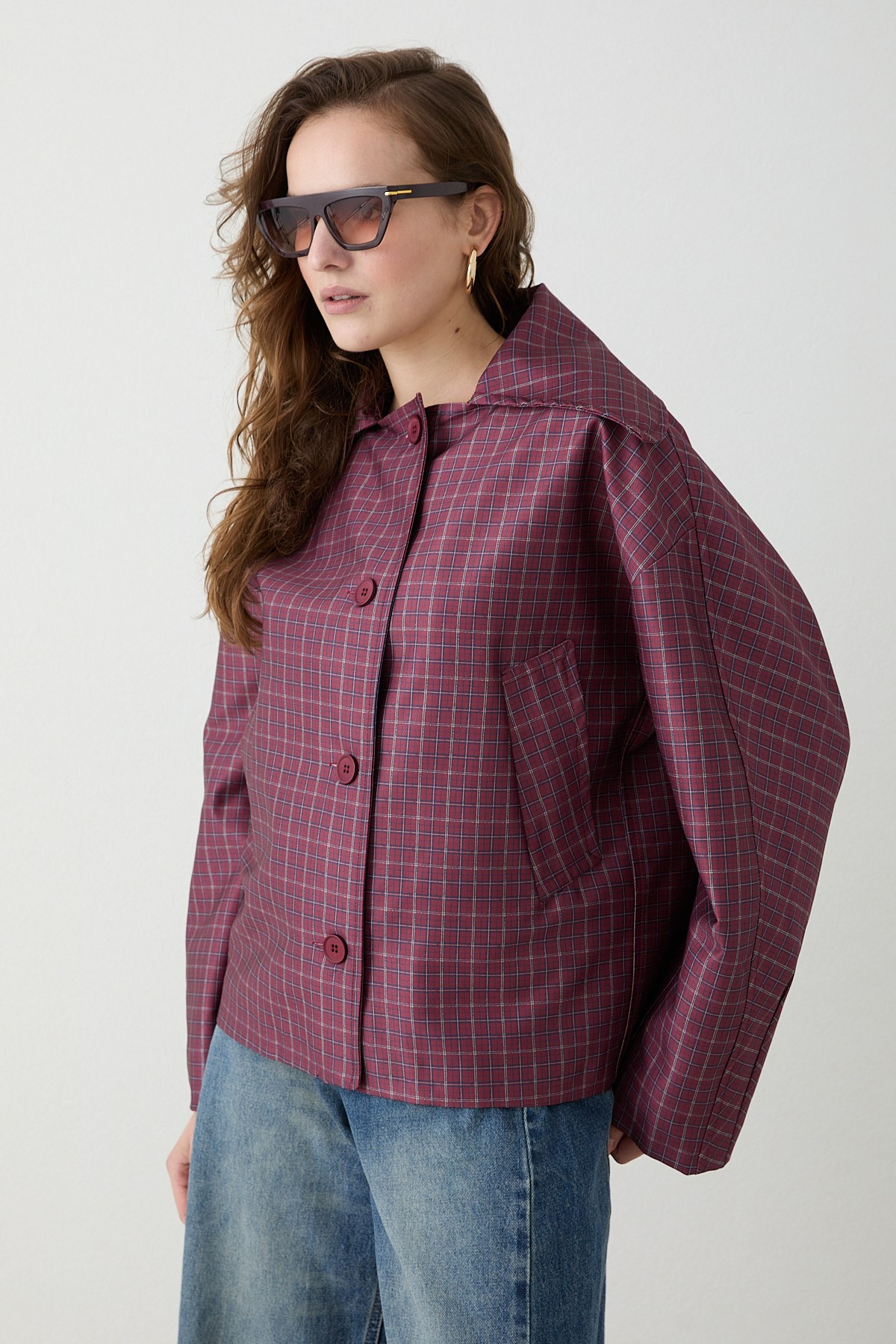 Ekose Bomber Ceket - Bordo