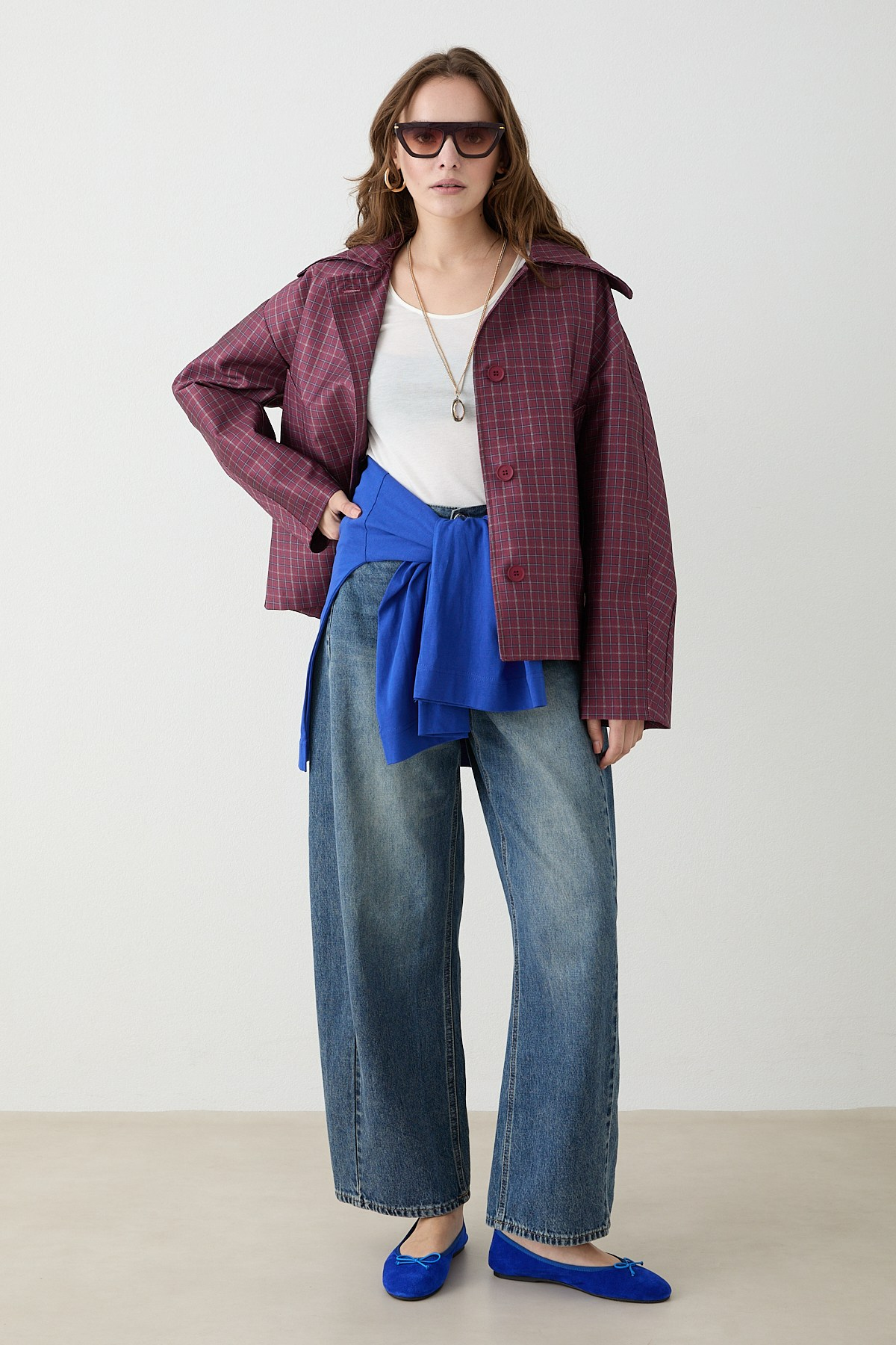 Ekose Bomber Ceket - Bordo
