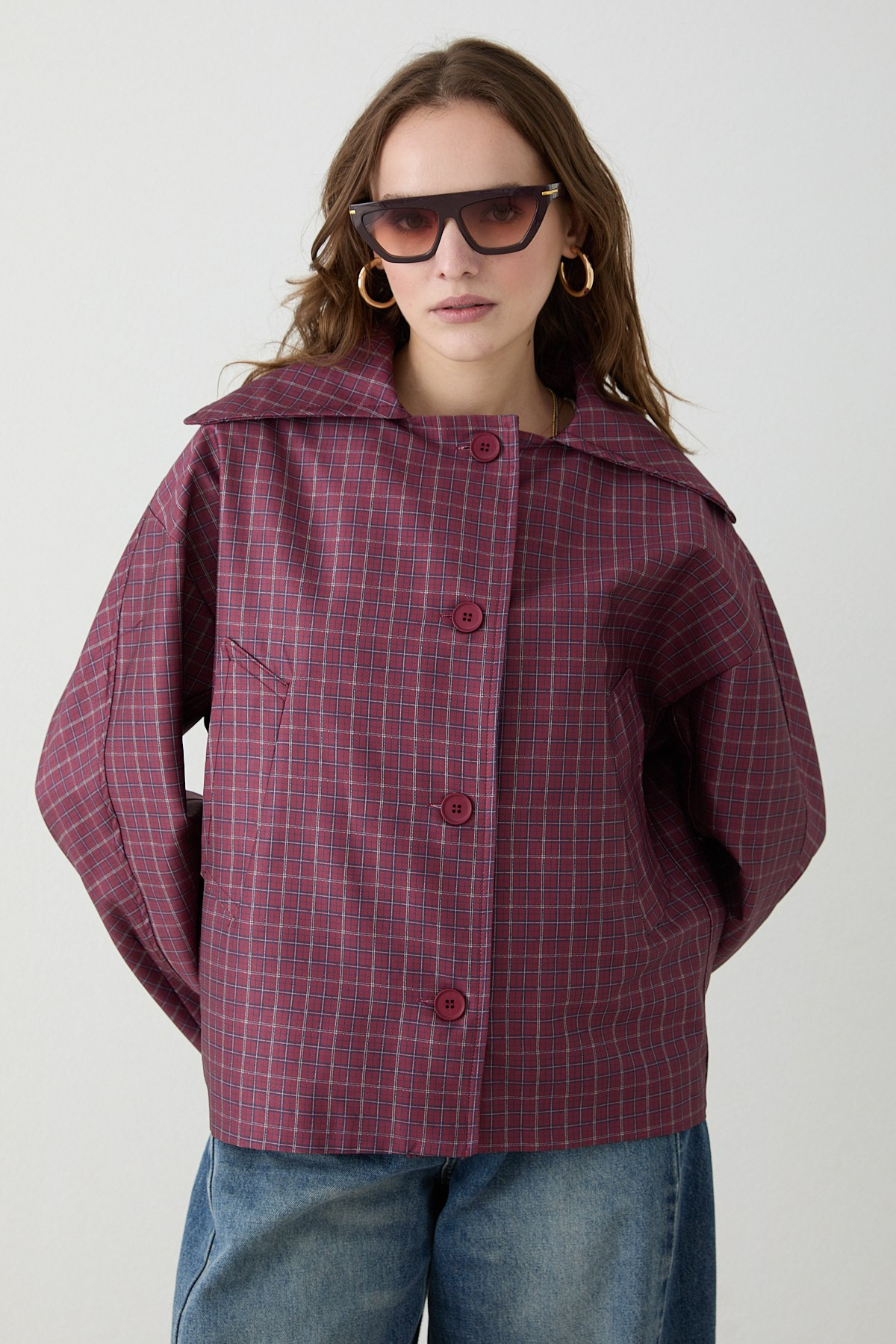 Ekose Bomber Ceket - Bordo