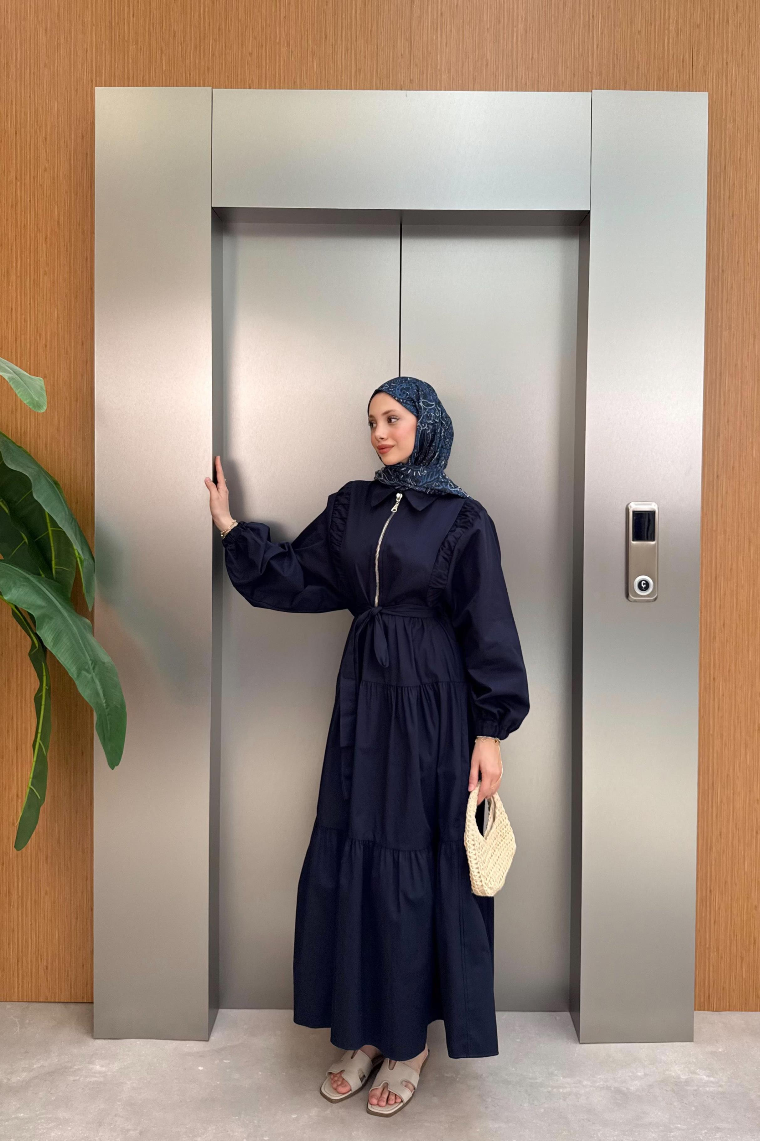 Fermuarlı Balon Kol Elbise - Lacivert