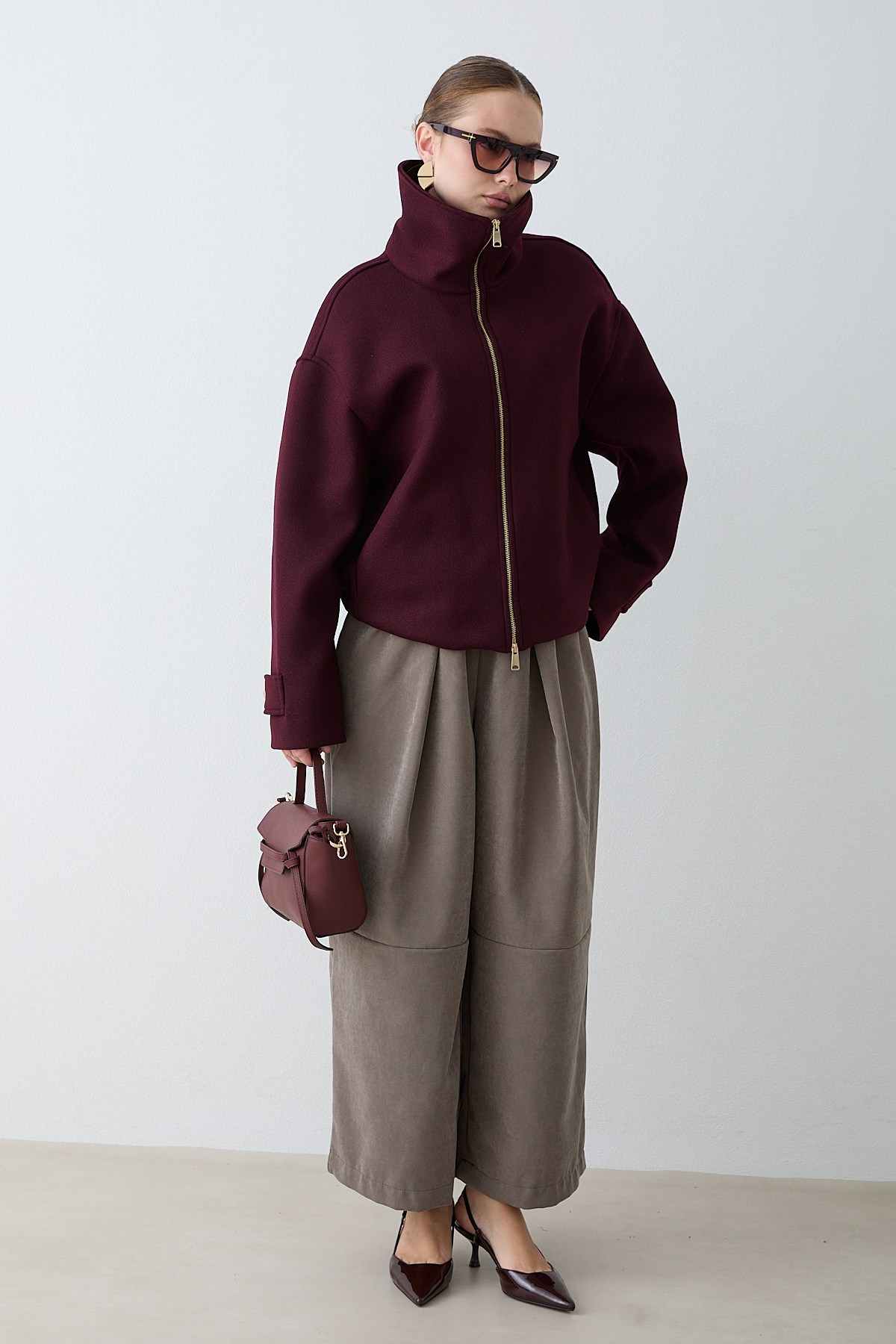Fermuarlı Kaşe Ceket - Bordo