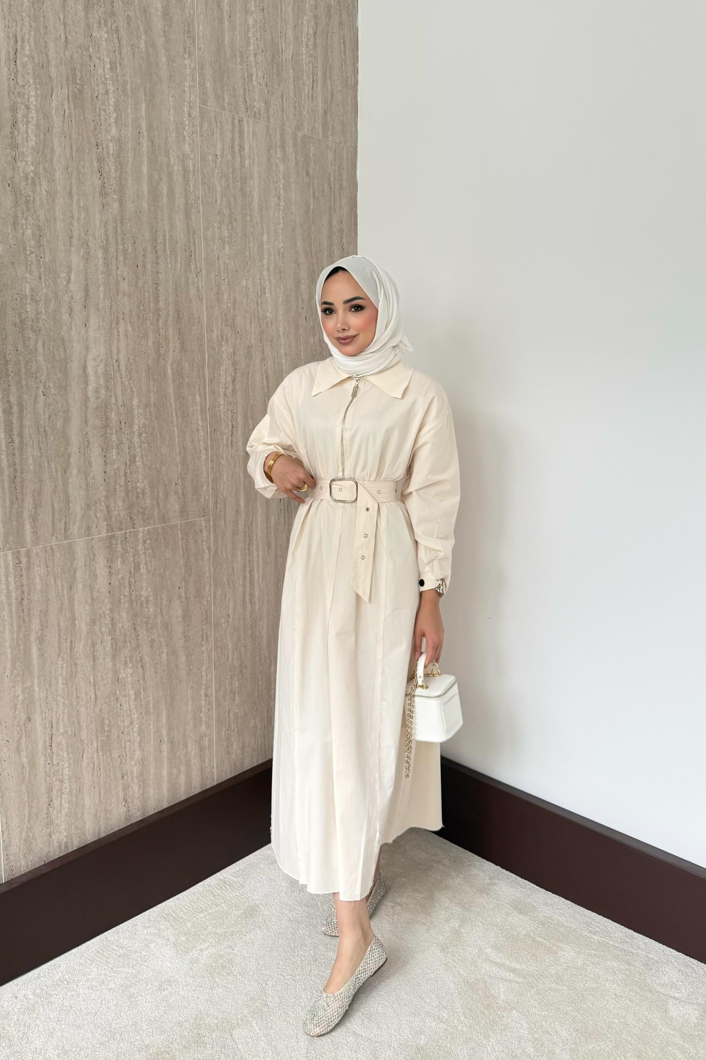 Fermuarlı Oversize Elbise - Krem