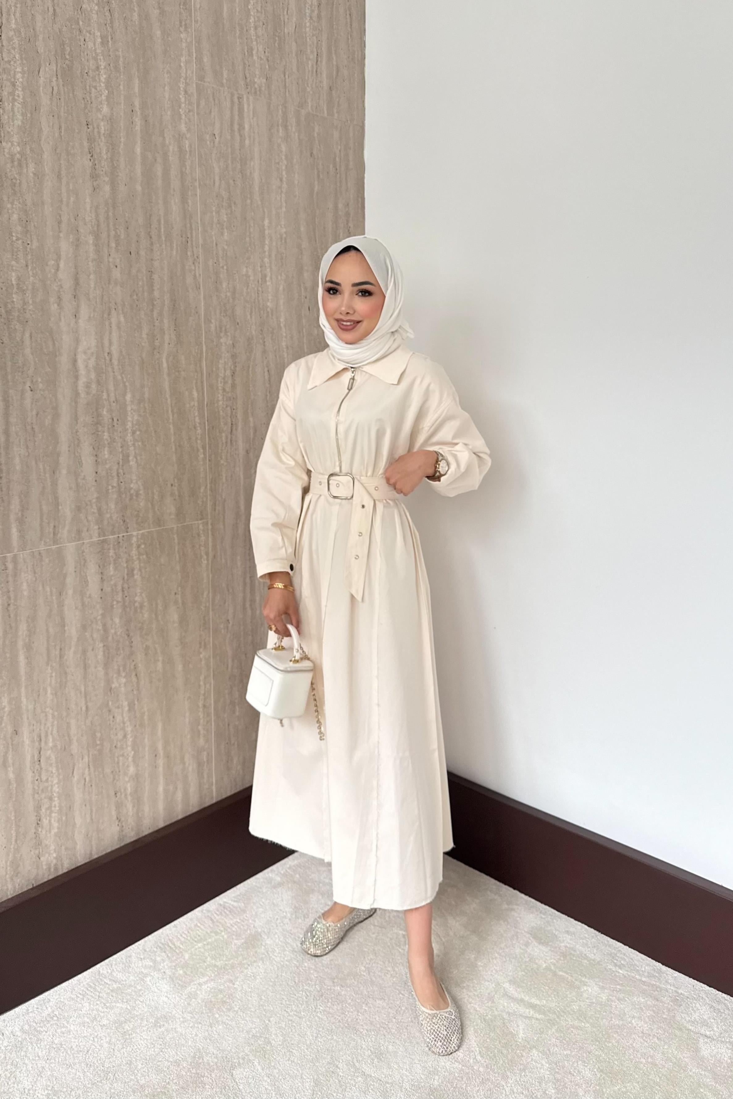 Fermuarlı Oversize Elbise - Krem