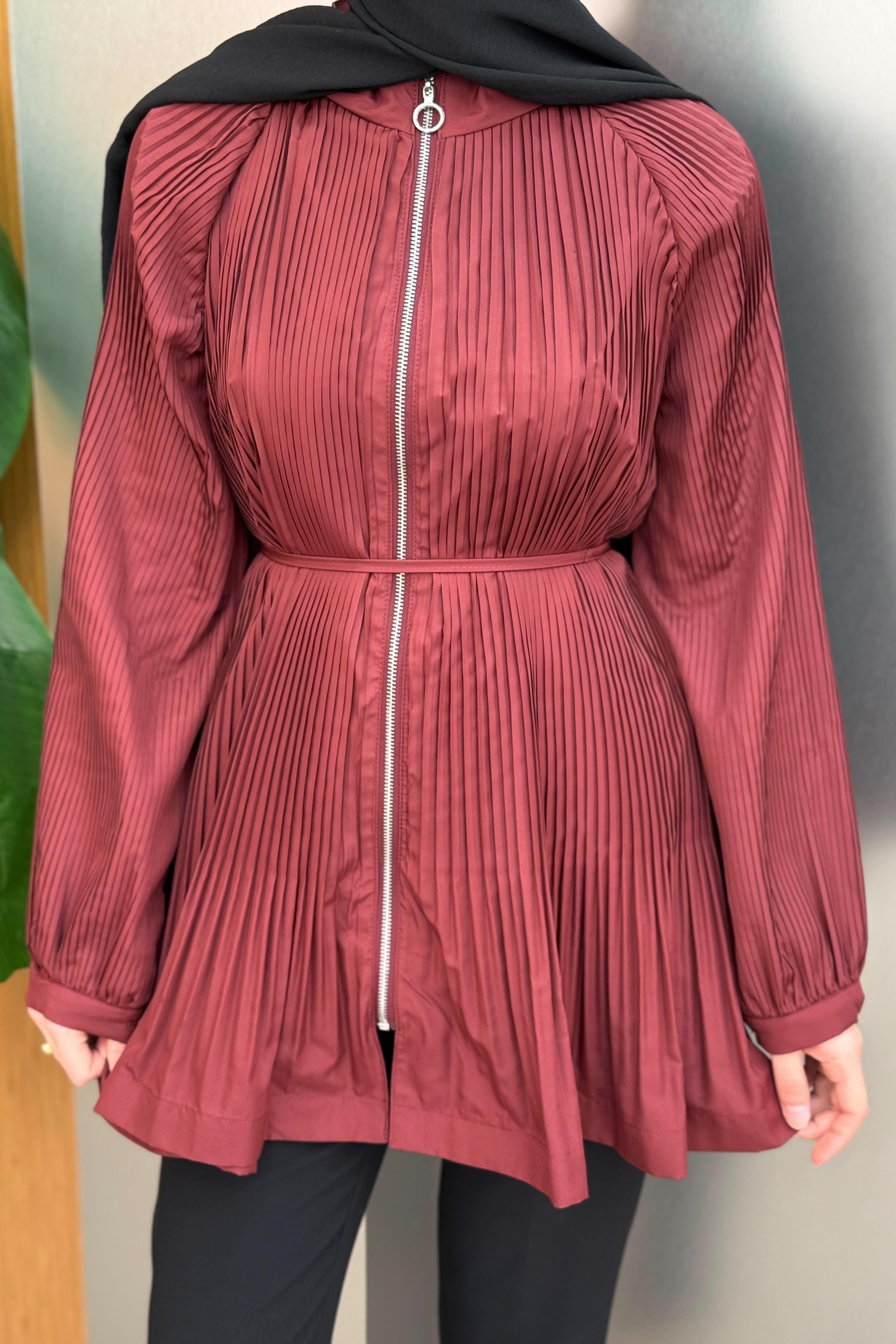 Fermuarlı Piliseli Trenç - Bordo