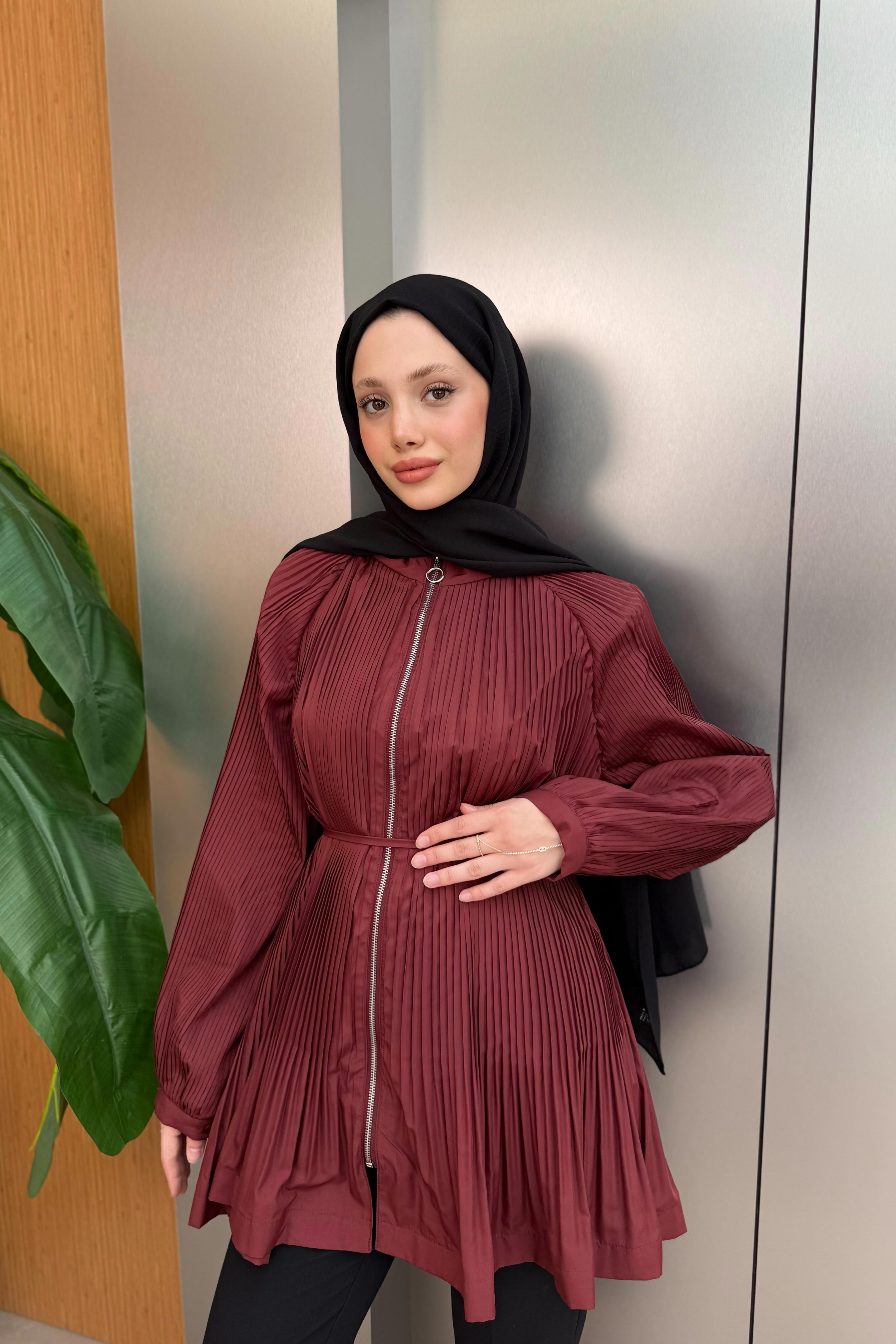 Fermuarlı Piliseli Trenç - Bordo