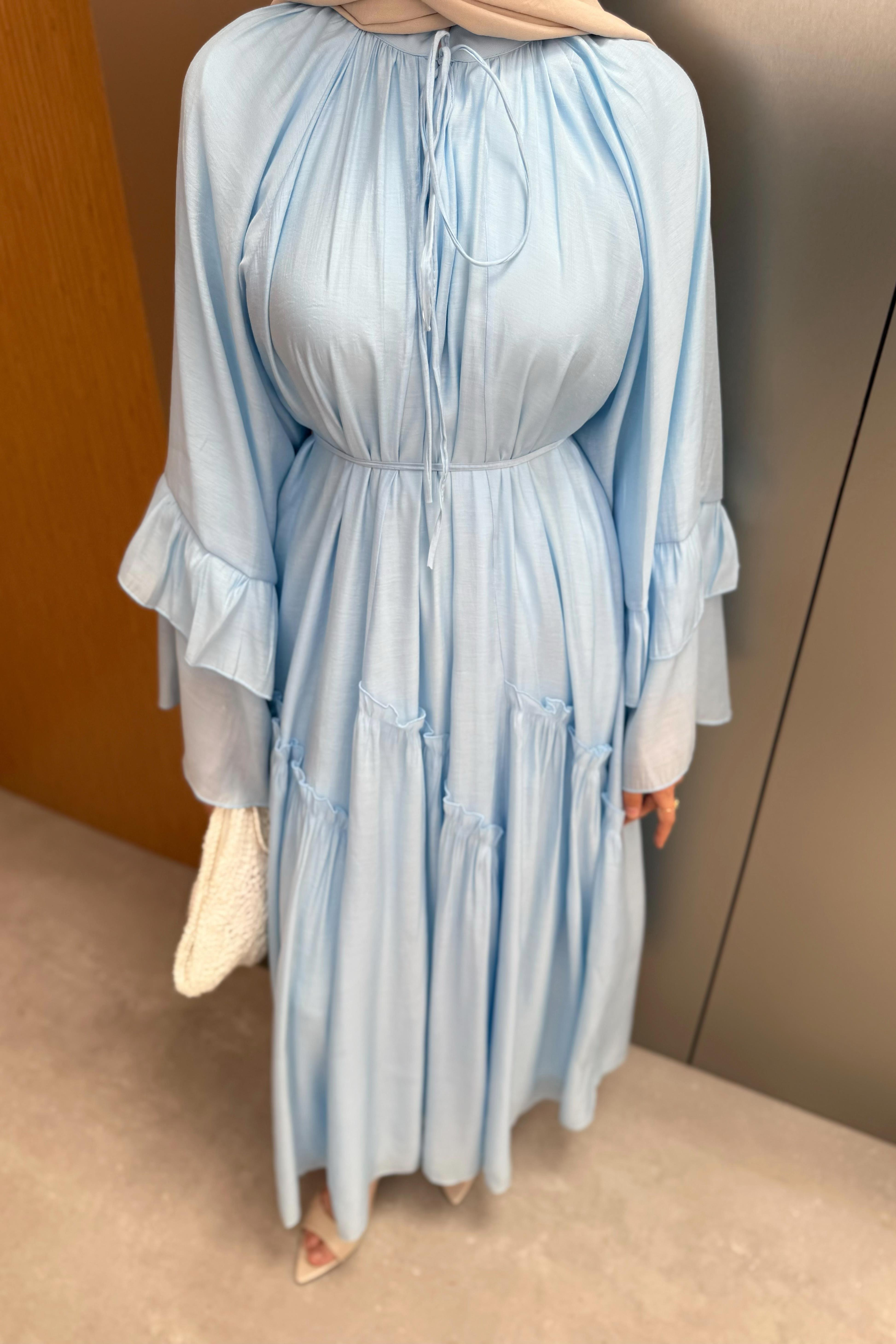 Fırfır Kol Vual Elbise - Mavi