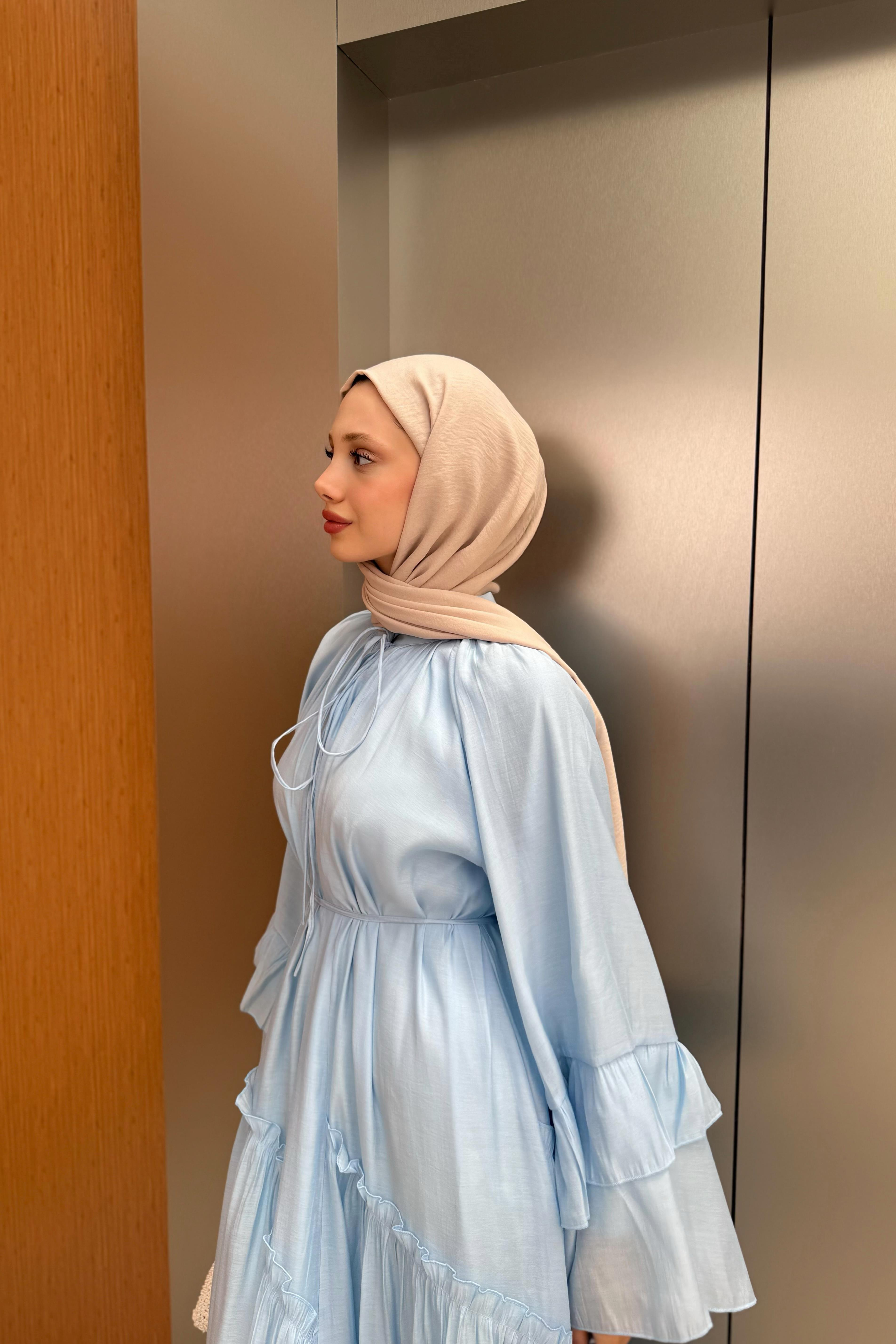 Fırfır Kol Vual Elbise - Mavi