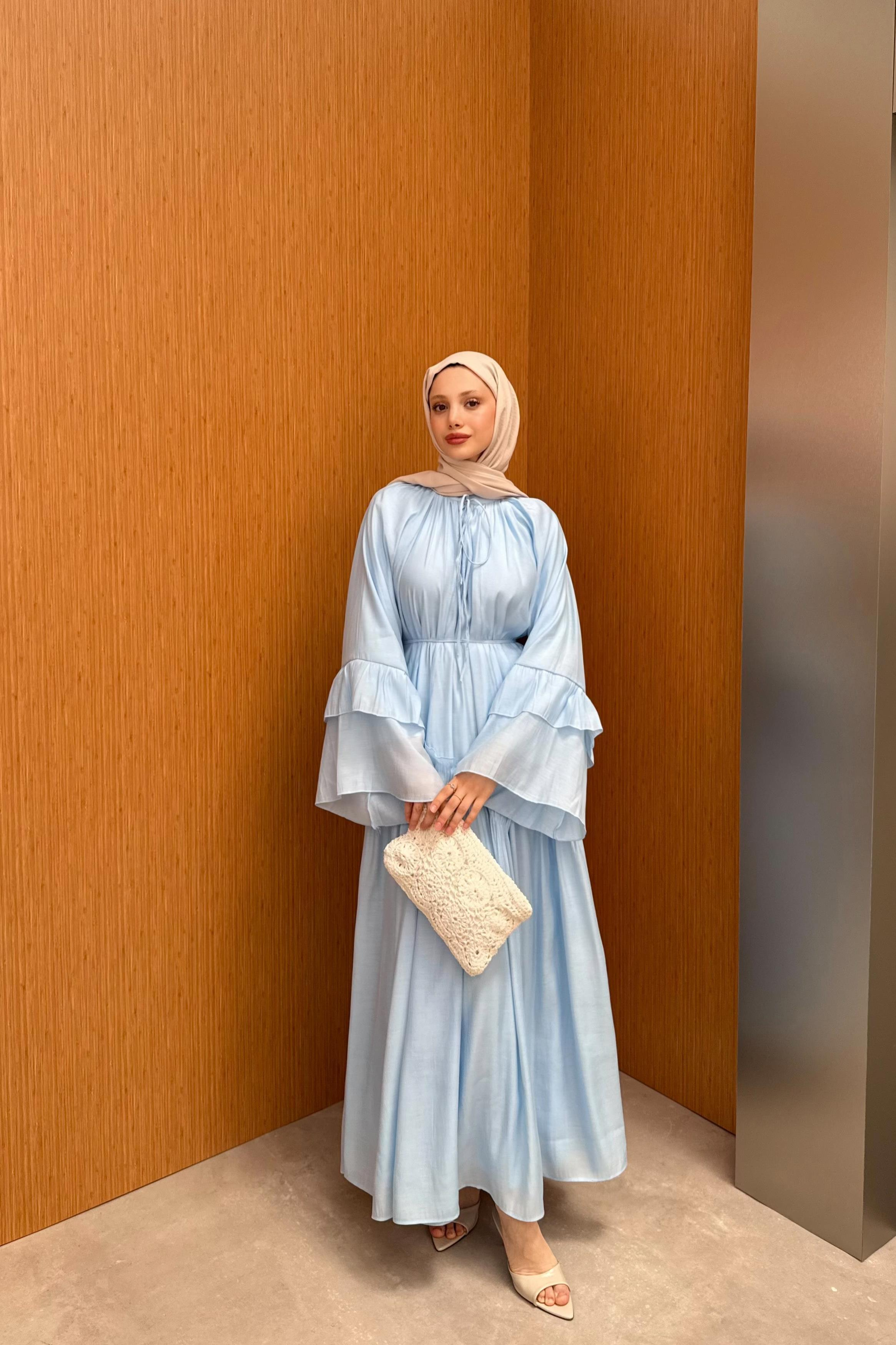 Fırfır Kol Vual Elbise - Mavi