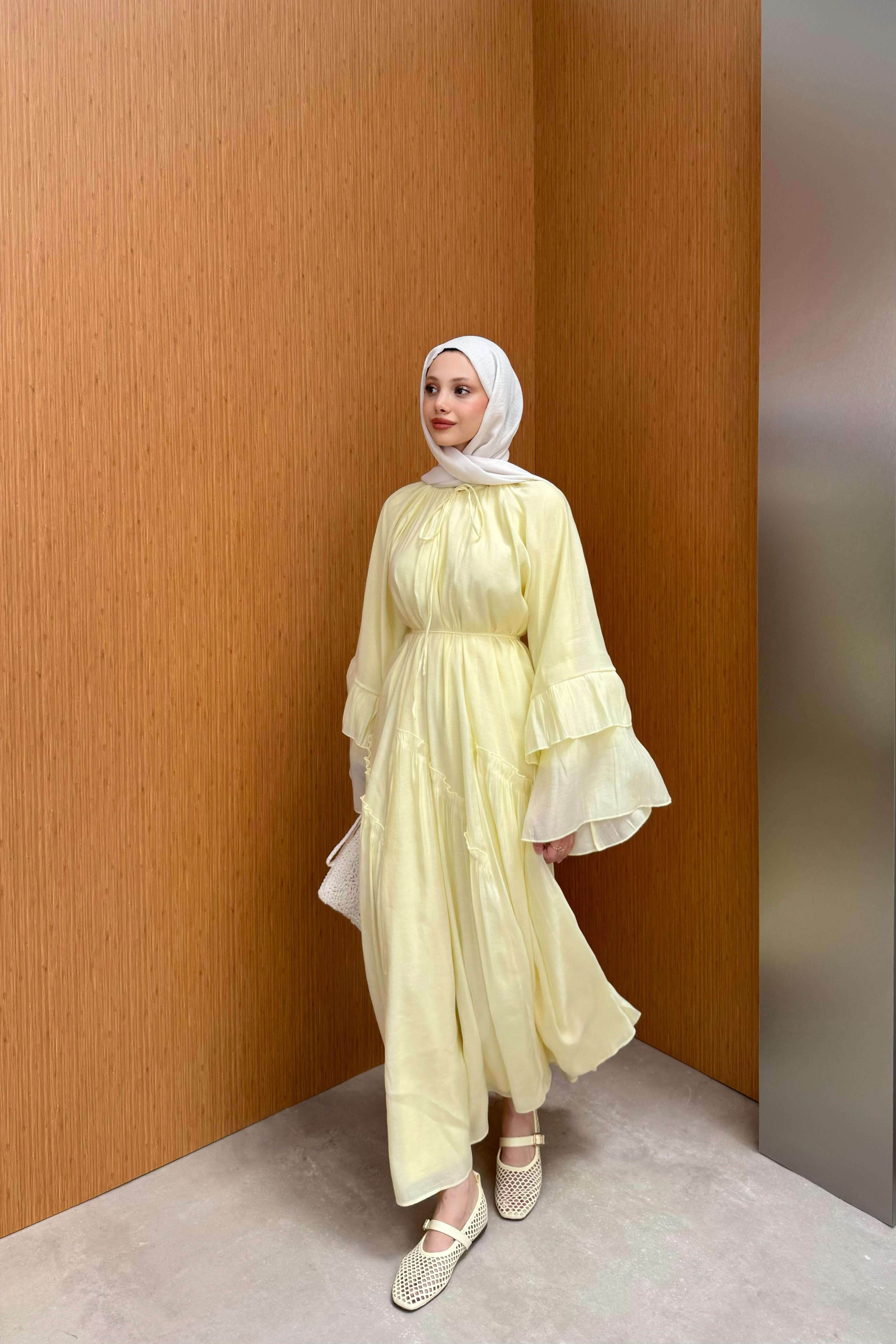 Fırfır Kol Vual Elbise - Sarı