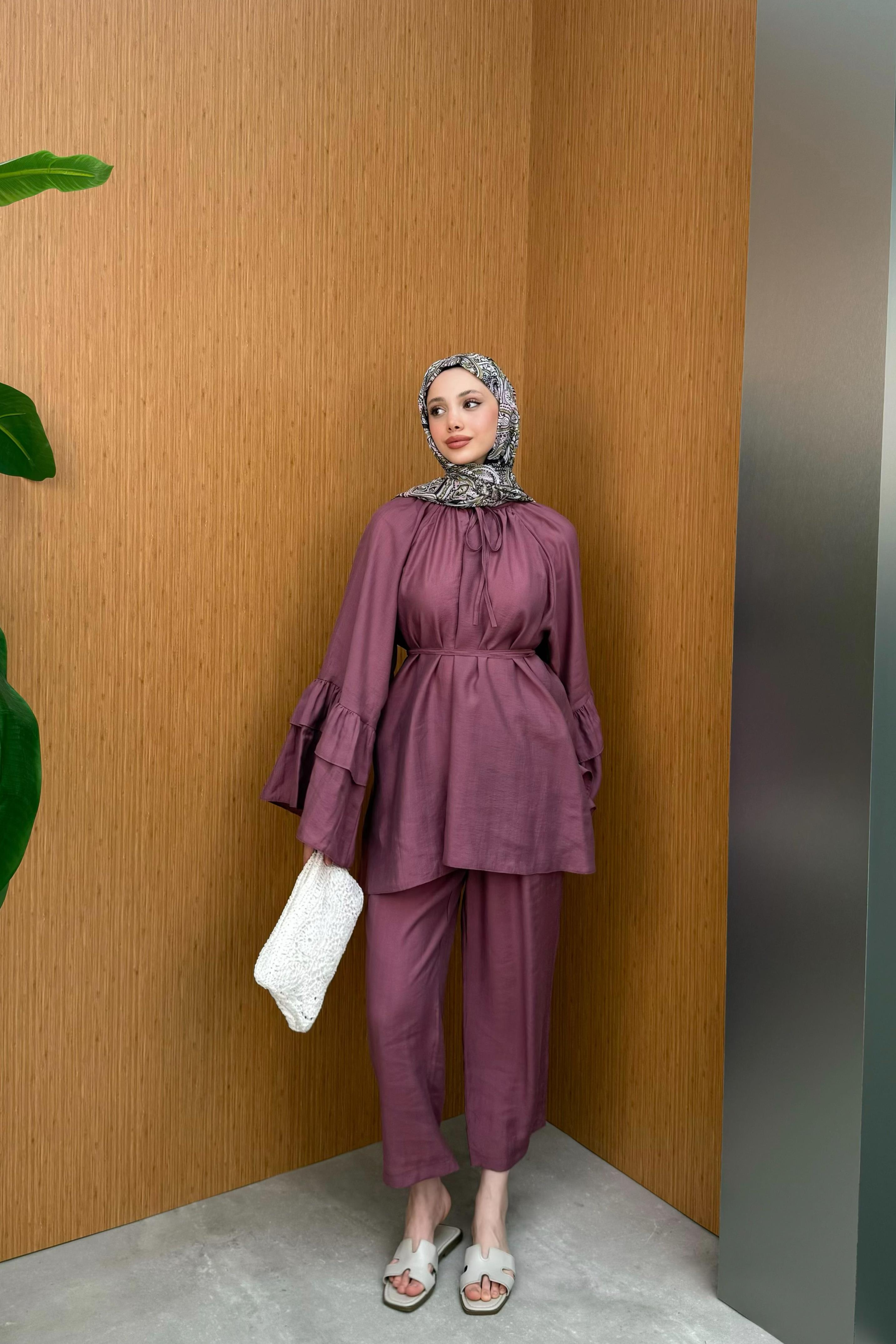 Fırfır Kollu Modal Pantolonlu Takım - Mürdüm