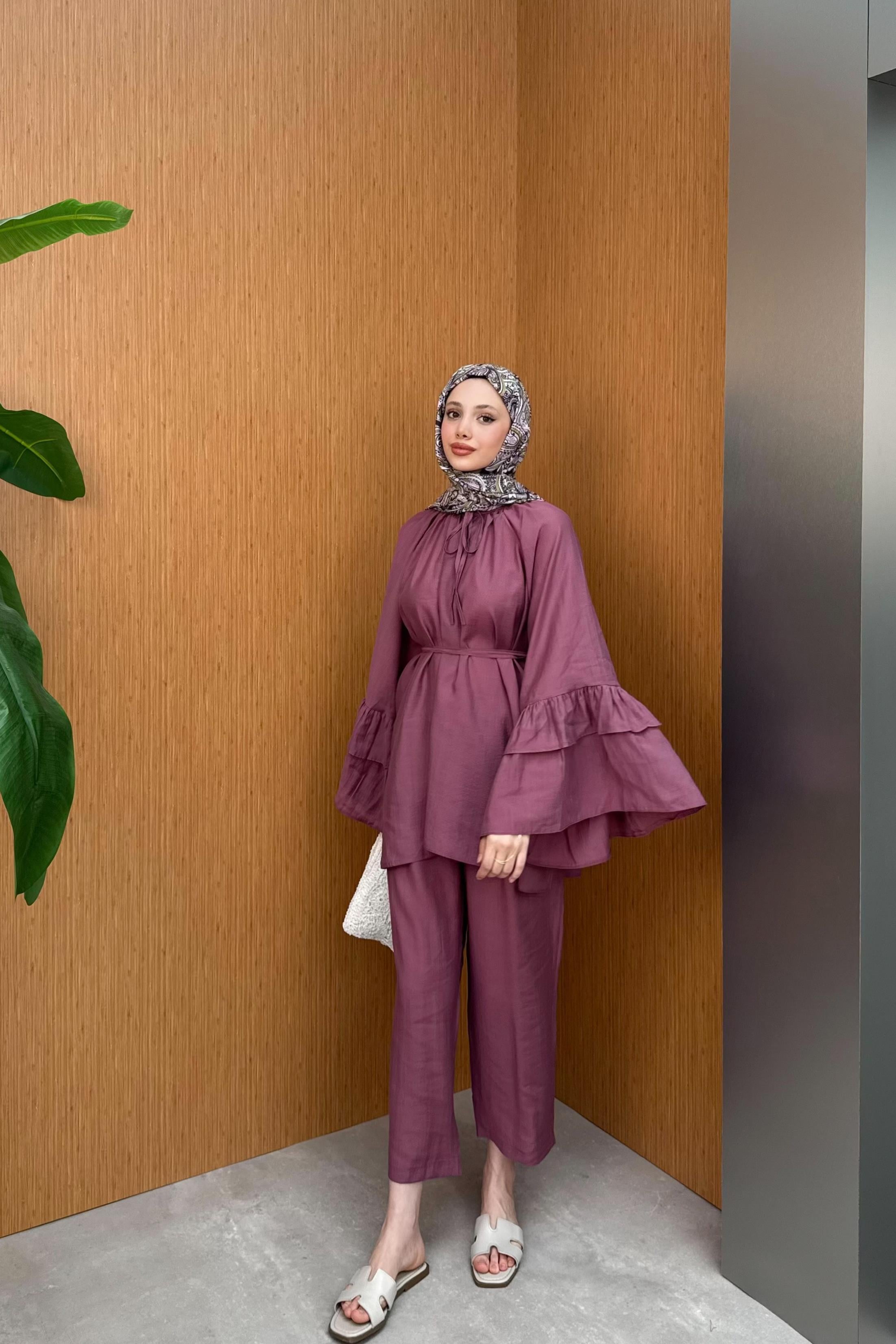 Fırfır Kollu Modal Pantolonlu Takım - Mürdüm